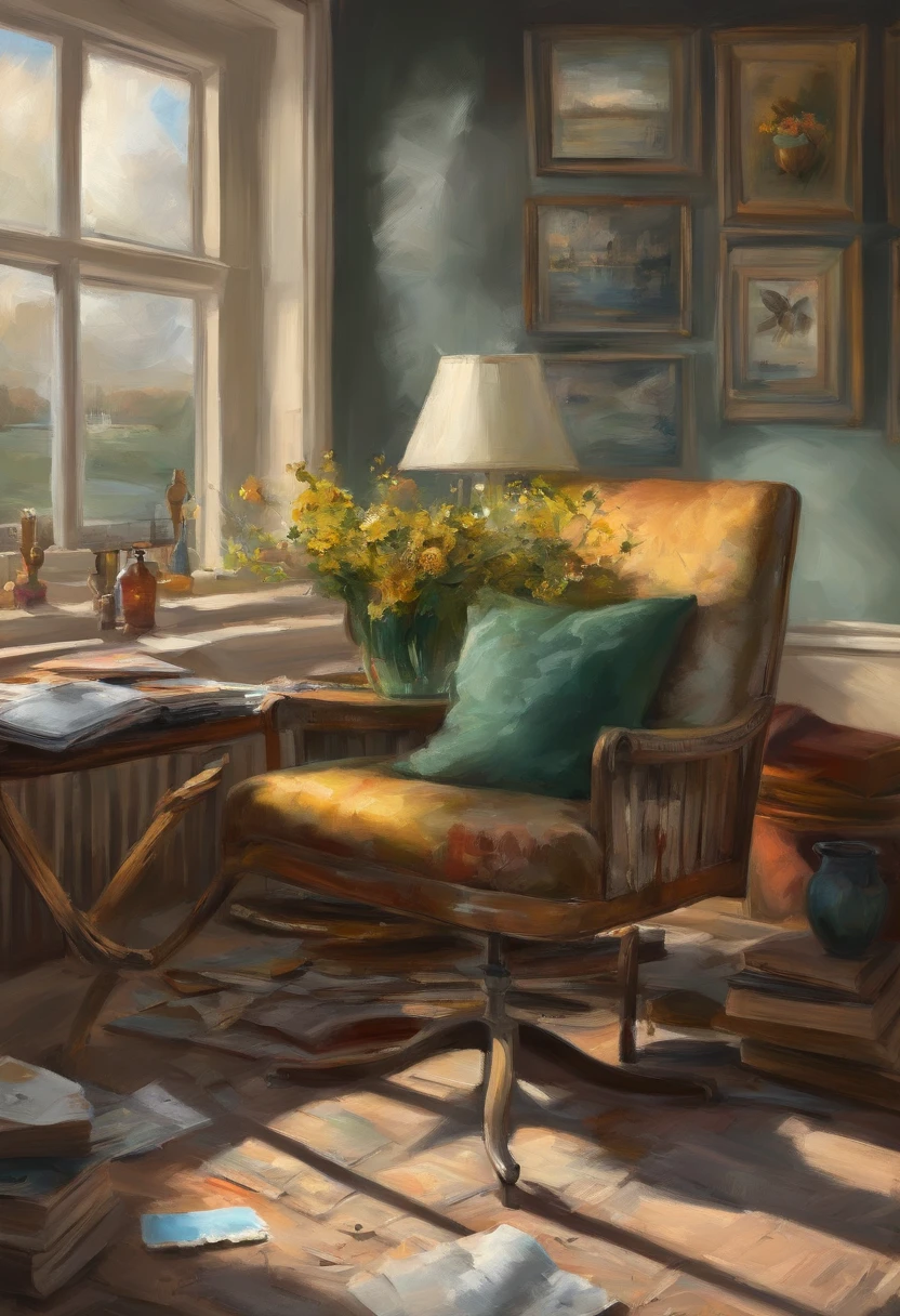 There is a camera on the table,big breasts and big breasts(((Model aircraft))),VR glasses on the table,Room design drawings,There's a lot of paint on it, Detailed painting 4 K, Realistic digital painting, overdetailed art. Digital SLR, high quality digital painting, Realistic camera shooting, photorealism style, in style of photorealism artist, Detailed digital painting, hyperrealism concept art, professional digital painting, photographyrealism, super realistic painting style,There is also an airplane on the table,Measurement tools,On the stool sat a boy wearing VR glasses,Bright colors,Be positive