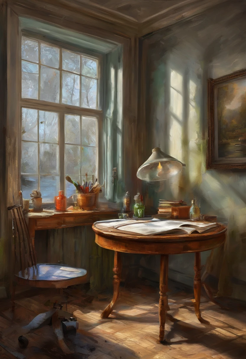 There is a camera on the table,big breasts and big breasts(((Model aircraft))),VR glasses on the table,Room design drawings,There's a lot of paint on it, Detailed painting 4 K, Realistic digital painting, overdetailed art. Digital SLR, high quality digital painting, Realistic camera shooting, photorealism style, in style of photorealism artist, Detailed digital painting, hyperrealism concept art, professional digital painting, photographyrealism, super realistic painting style,There is also an airplane on the table,Measurement tools,On the stool sat a boy wearing VR glasses,Bright colors,Be positive