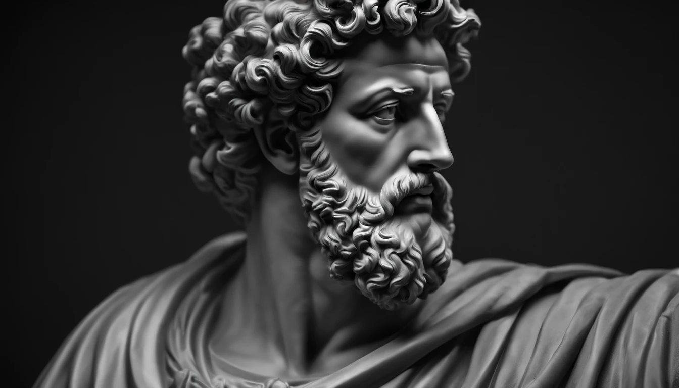 a portrait statue of the stoic Marcus Aurelius in black and white 4K,Face de lado, papel de parede super realista,homem forte,musculoso