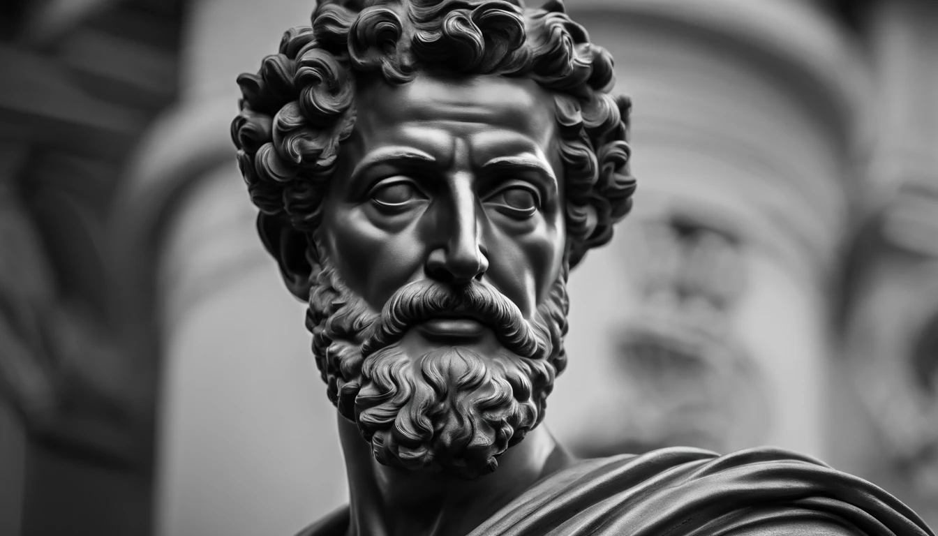a portrait statue of the stoic Marcus Aurelius in black and white 4K,Face de lado, papel de parede super realista,homem forte,musculoso