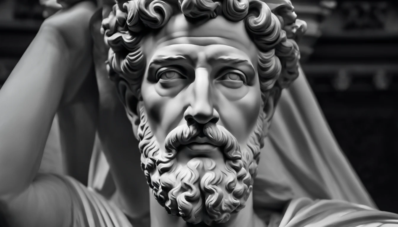 a portrait statue of the stoic Marcus Aurelius in black and white 4K,Face de lado, papel de parede super realista,homem forte,musculoso