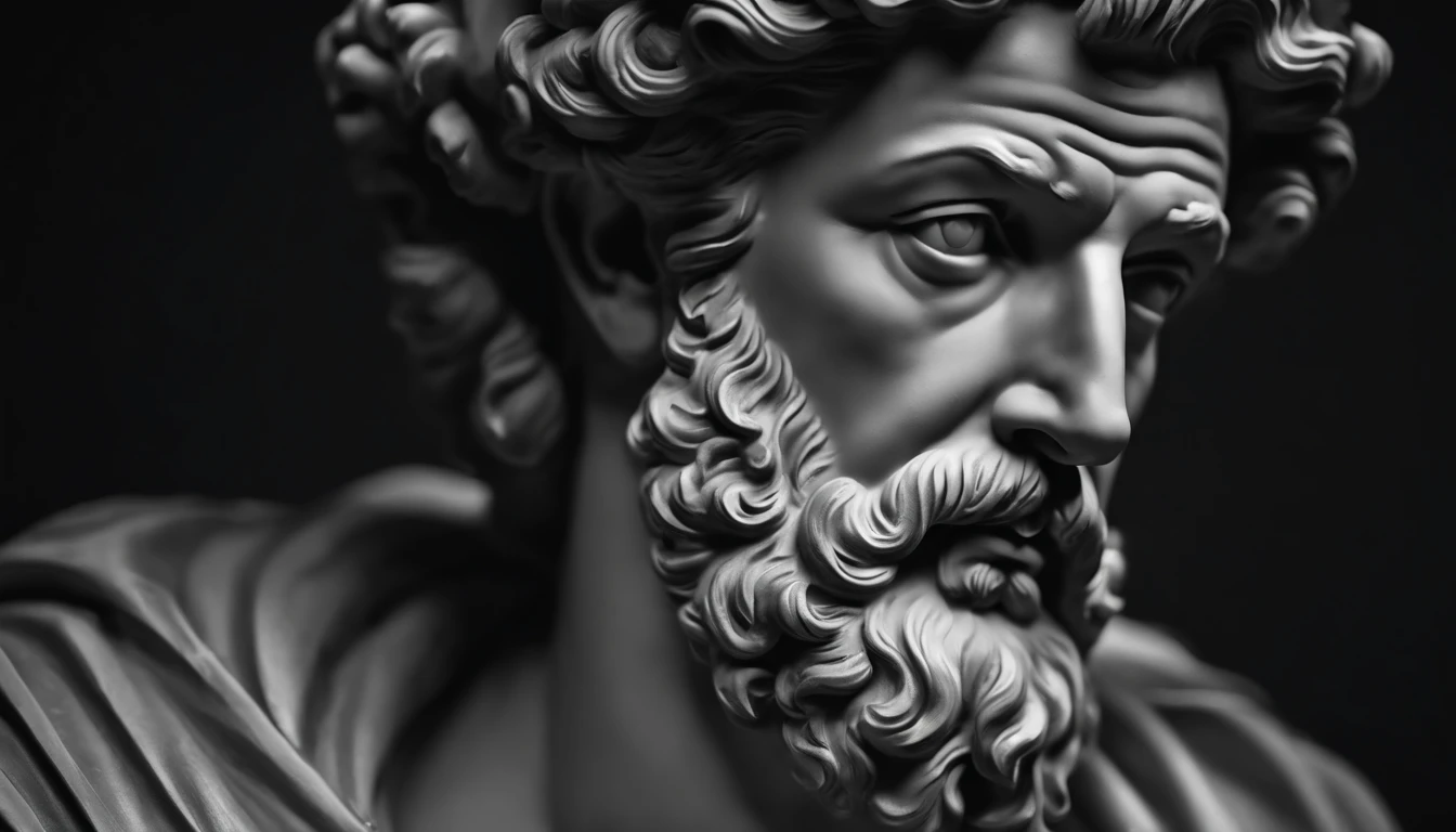 a portrait statue of the stoic Marcus Aurelius in black and white 4K,Face de lado, papel de parede super realista,homem forte,musculoso