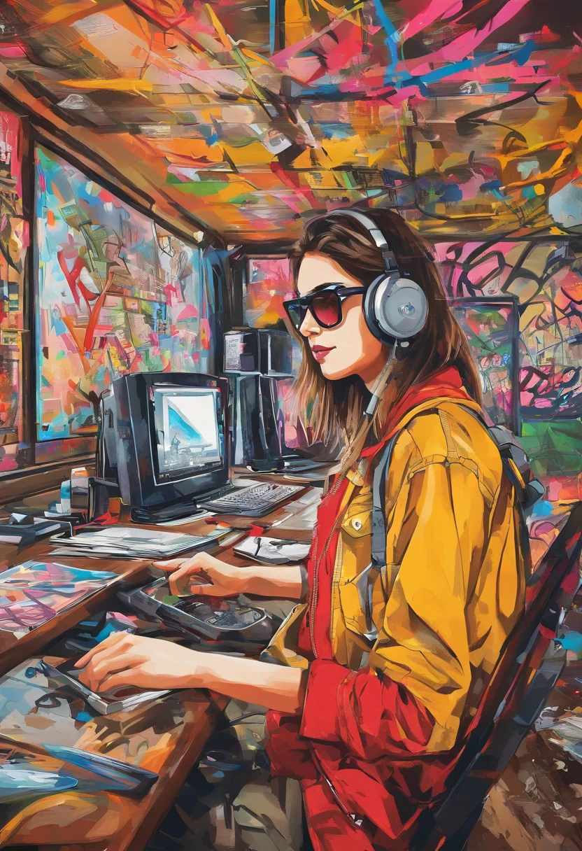 There is a camera on the table,big breasts and big breasts(((Model aircraft))),VR glasses on the table,Room design drawings,There's a lot of paint on it, Detailed painting 4 K, Realistic digital painting, overdetailed art. Digital SLR, high quality digital painting, Realistic camera shooting, photorealism style, in style of photorealism artist, Detailed digital painting, hyperrealism concept art, professional digital painting, photographyrealism, super realistic painting style,There is also an airplane on the table,Measurement tools,On the stool sat a boy wearing VR glasses,Bright colors,Be positive