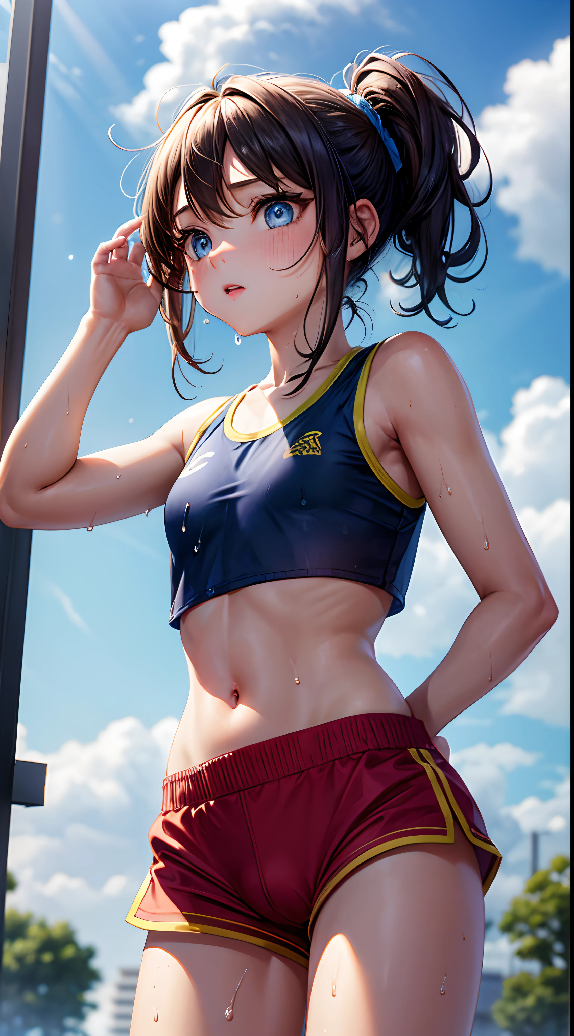 femele,１Child 0 years old,Golden head hair,sports wear,Sportsbra,shortpants,Side Up Ponytail,Blue eyes,through,Mansuji, are see-through,small tits,Leaking pee,The crotch is wet