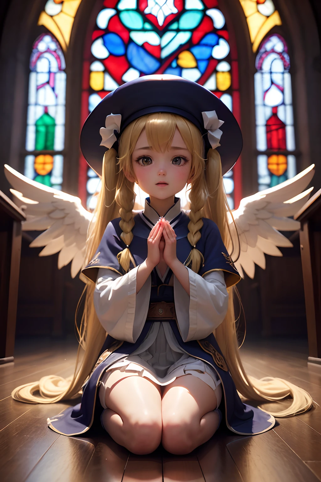 (1girl in),( absurdly , High quality , ultra-detailliert ),(Summer in the morning),(masutepiece),(Stained Glass Church),(Long-haired blonde twintails),（Blue long cleric robe）,Cleric Hat,(Cute 3D anime petite girl rendering),Super Detailed Beautiful Girl,(Praying),Laughing,watching at viewers,Wearing long boots,Has big angel wings,Halo,heart mark, Full body portrait, Perfect face and nice perfect face, Surreal concept, 8K resolution, photographic quality,long  skirt,(choir)