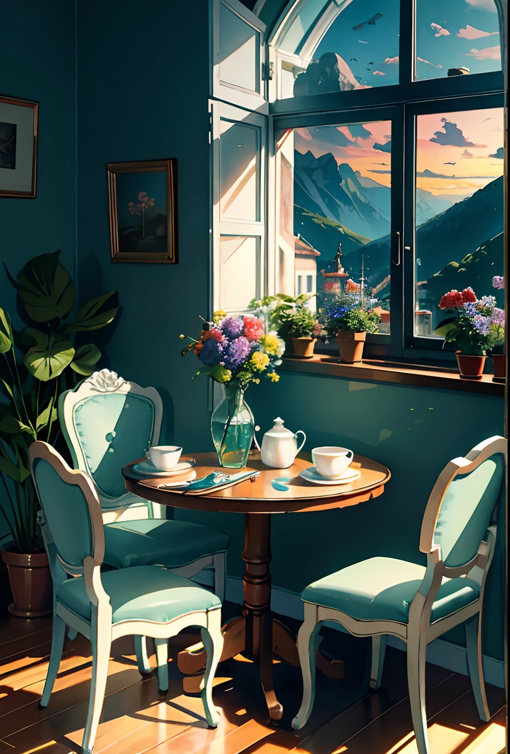 Kitchen, fruits, vegetables, pots, cups, plates, teapot, glasses, watercolor, huge, potted plants, flowers in a vase, figurines, rocking chair, birds, cat, expensive and cozy interior, creative workshop, décor, Cozy artist's workshop, easel, color palette, acrylic paints, paintings, large windows, loggia, art, awards, table, sofa, armchairs, mirror, crystals, meditation, harmony, many books on the walls, paintings on the walls, view from the window, sea, mountains, amazing sunset, floral arrangements, paints, brushes, artist's theme, elegant, dynamic bright lighting, happiness, full color, multicolored, artful, highest detail, super quality, small details, highlights, neon lights, masterpiece, best colors