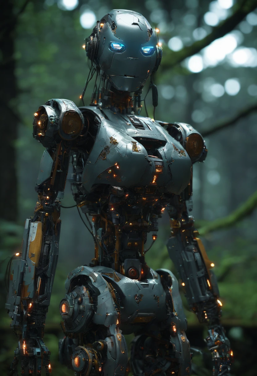 (best quality,4k,8k,highres,masterpiece:1.2),ultra-detailed,realistic,for a dirty muddy rusted female cyborg mechanical body covred in overgrown moss vegetation