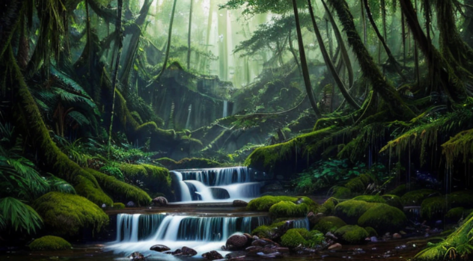 painting of a waterfall in a forest with moss and rocks, environmental concept art, highly realistic concept art, stunning concept art, environment concept art, stunning! concept art, beautiful concept art, mysterious jungle painting, realistic fantasy painting, fantasy landscape painting, fantasy digital painting, fantasy artrealistic painting, highly detailed fantasy art, high resolution concept art, fantasy art landscape
