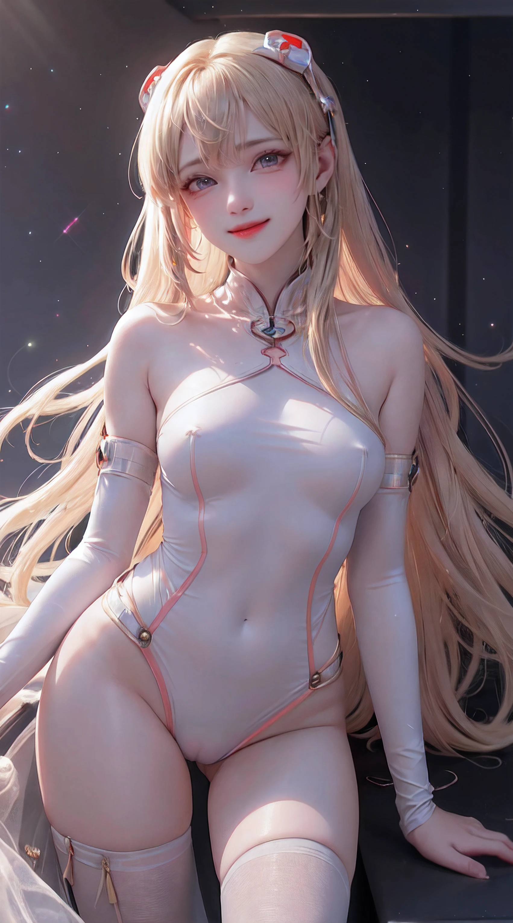 dynamic angle,ultra-detailed, illustration, close-up, straight on, 1girl, 
 ((souryuu asuka langley, interface headset, red bodysuit:1.4, blonde)),Her eyes shone like dreamy stars,(glowing eyes:1.233),(beautiful and detailed eyes:1.1),(expressionless,closed mouth),(standing), 
(mechanic room with toolsand spaceship windowin a white SPACESHIP),
(night:1.2),dreamy, [[delicate fingers and hands:0.55]::0.85],(detail fingers),