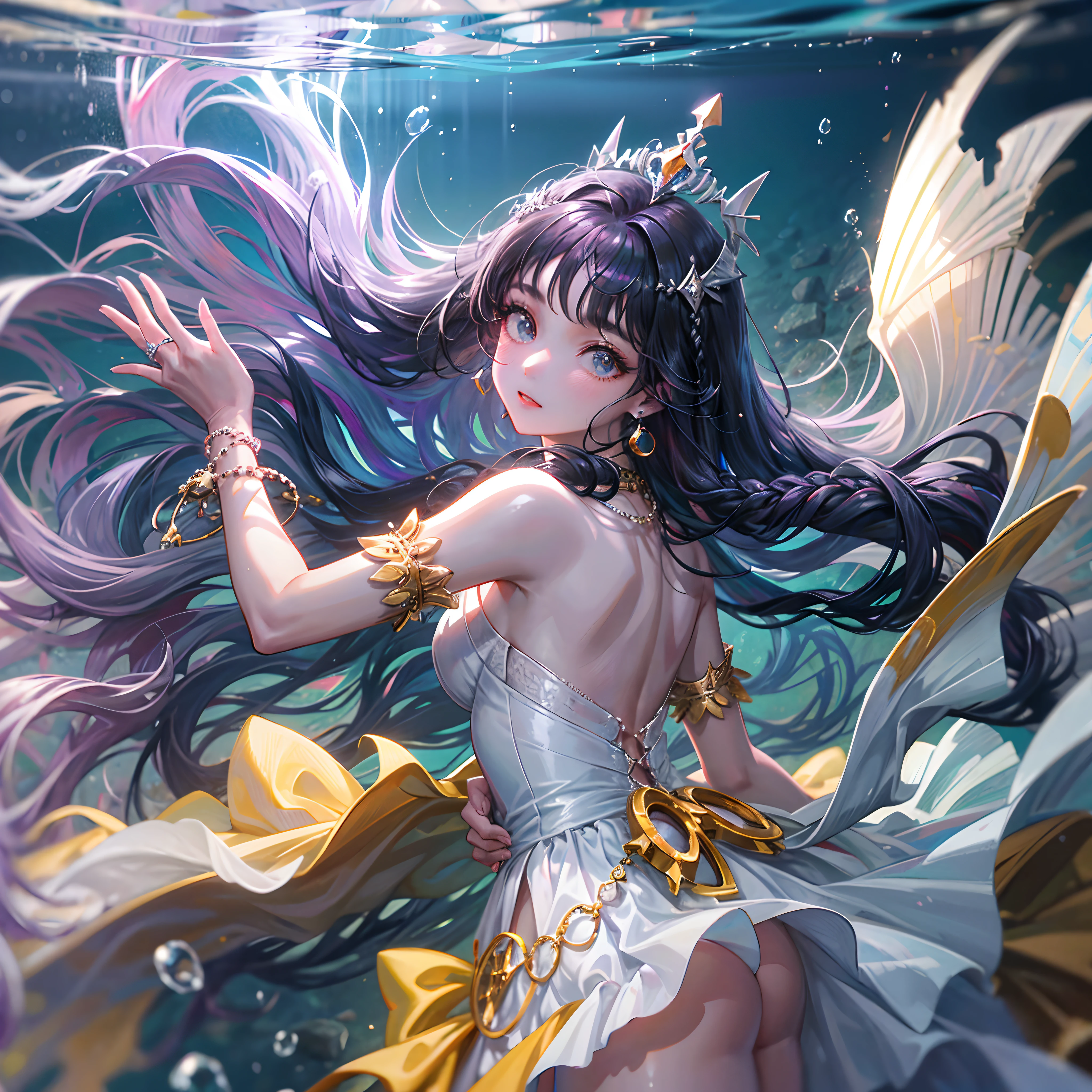 melhor qualidade, high resolution, (super detalhado), 1 girl, sozinho, maduro, sereia (extremely long and braided black hair), Head Accessories, brincos, pearls necklace, elegante, Holy, Colouring, Maior detalhe, underwater, Floating and messy hair in the sea, flor, back, sereia preta da cauda, humana do corpo superior, sereia bonita, sereia sedutora, sereia nadando de baixo do mar, mar brilhante, sereia maldoza, Sereia do mal, A mulher mais bonita, rosto perfeito, cintura fina, cauda de peixe, cauda da parte de baixo do corpo, mulher peixe