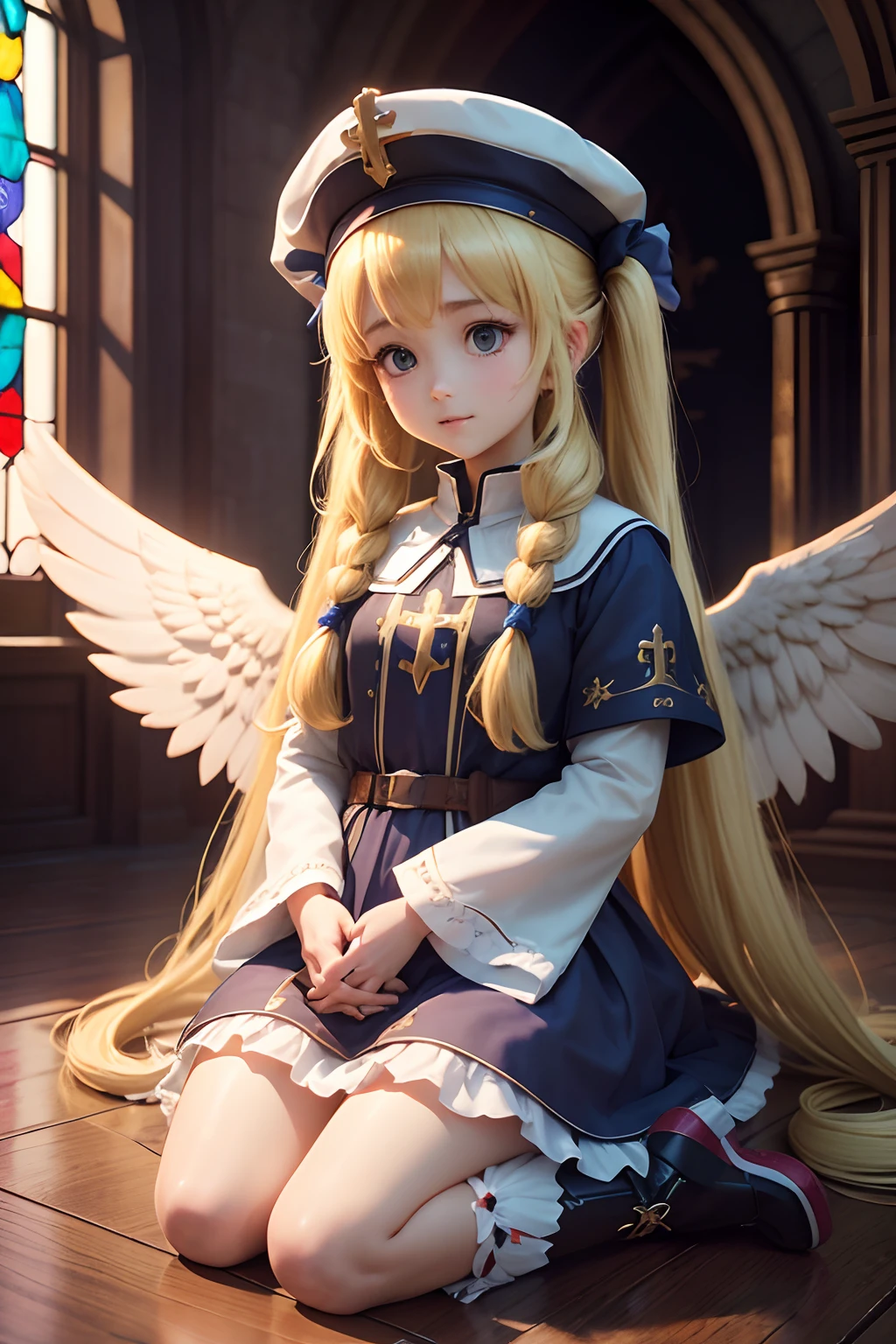 (1girl in),( absurdly , High quality , ultra-detailliert ),(Summer in the morning),(masutepiece),(Stained Glass Church),(Long-haired blonde twintails),(Blue long cleric robe),Cleric Hat,(Cute 3D anime petite girl rendering),Super Detailed Beautiful Girl,(Praying),Laughing,watching at viewers,Wearing long boots,Has big angel wings,Halo,heart mark, Full body portrait, Perfect face and nice perfect face, Surreal concept, 8K resolution, photographic quality,long skirt,(choir)