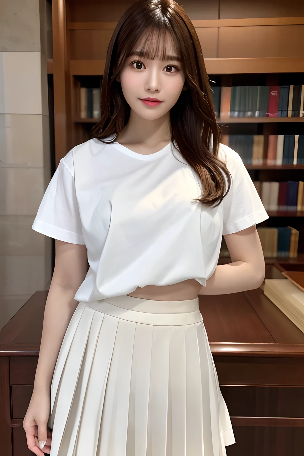 masterpiece, top-quality, 超A high resolution, (Photorealsitic:1.4), beautiful lighting, Raw photography, Super Detailed Face, Realistic lightning, beautiful a girl, Sweet girl, ((Wearing a white shirt and a long pleated skirt)), atlibrary, longshot, full of shyness, Hide your face behind a book, Indoors