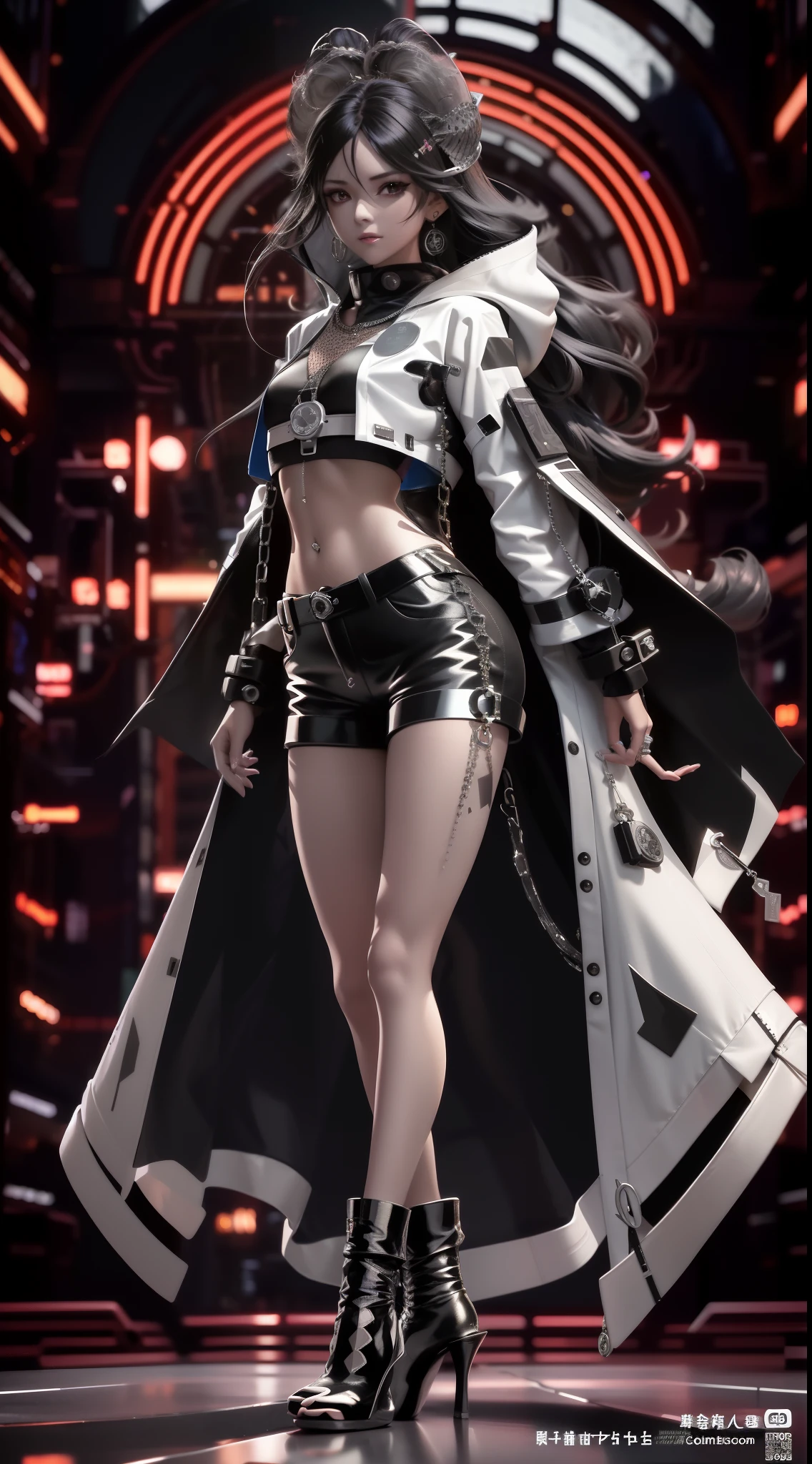 A woman in black and white and a long coat, female cyberpunk anime girl, Fine details. Girl Front, from girls frontline, From Arknights, cyberpunk anime girl, Female action anime girl, Tifa Lockhart with white hair, ( highly detailed figure ), cyberpunk femme fatale, Cyberpunk 2 0 y. o model girl, style of raymond swanland, high detal