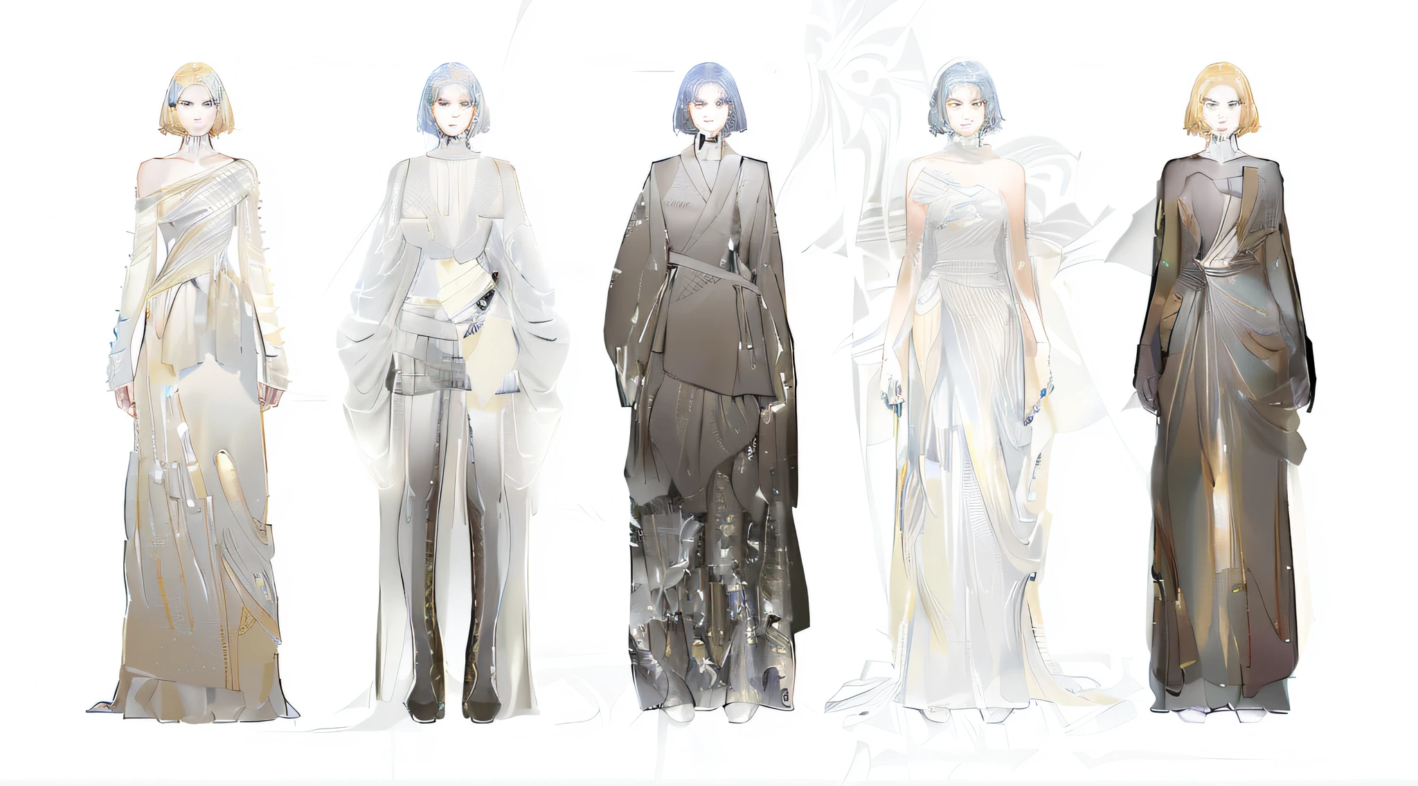 A group of women dressed in silent style costumes stood side by side, detailed fashion illustration, Flowing robes, dressed with long fluent clothes, fashion concept art, clothing design,Large white folded petals on clothes,fashion design, clothing concept, clothing design, flowing hair and long robes, wearing a long flowing robe, luxury fashion illustration, fashion study, Tie dye natural fabrics,Layered fashion clothing,Clothing transformed from tie-dyed fabrics ,draped in flowing fabric, Issey Miyake,