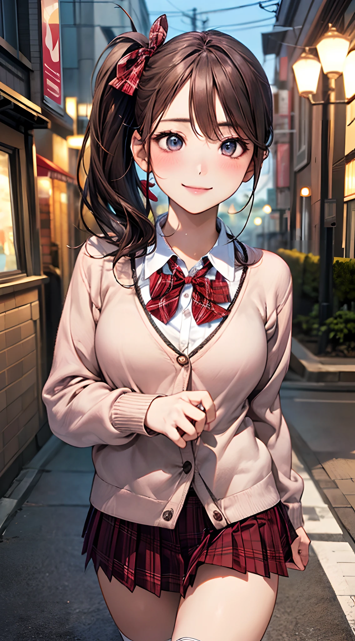 (masterpiece:1.2, top-quality), (realistic, photorealistic:1.4), beautiful illustration, NSFW,
looking at viewer, cowboy shot, front view:0.6,
1 girl, japanese, high school girl, light brown hair, (long hair:1.8), (side ponytail:1.7), bangs, hair between eye, blue eyes, large breasts:0.8, (thick thighs),
beautiful hair, beautiful face, beautiful detailed eyes, beautiful clavicle, beautiful body, beautiful chest, beautiful thigh, beautiful legs, beautiful fingers,
(beautiful scenery), dawn, lamppost, sidewalk,
((pleated mini skirt, socks, red private school uniform:1.2, light pink cardigan, red plaid pleated skirt, red plaid bow tie, red plaid hair ribbon)), pink panties,
(swollen), ((seductive posture: 1.2, attractiveness: 1.2)), (idle),
(erotic, sexy, upper eyes, smile), shiny skin,
perfect face, cute and symmetrical face, natural side lighting, movie lighting),
walking,