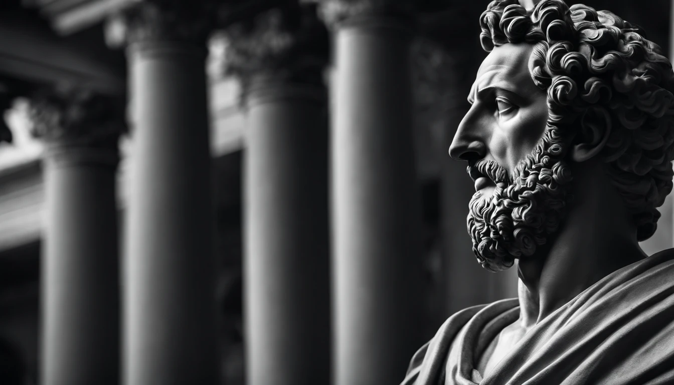a statue of the stoic Marcus Aurelius in black and white 4K,Face de lado, papel de parede super realista, corpo forte, sem camisa, tronco forte