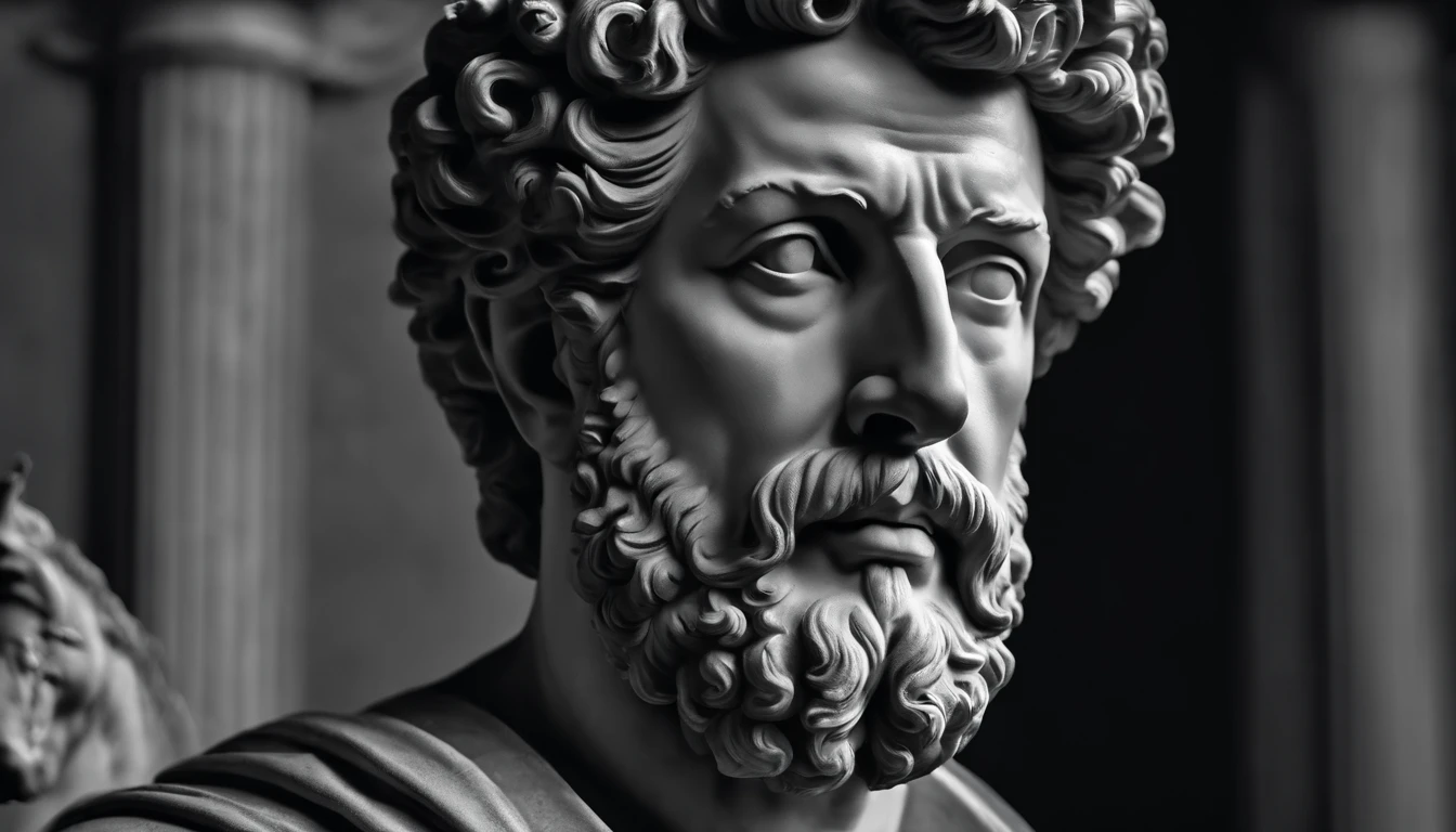 a portrait statue of the stoic Marcus Aurelius in black and white 4K,Face de lado, papel de parede super realista,homem forte,musculoso
