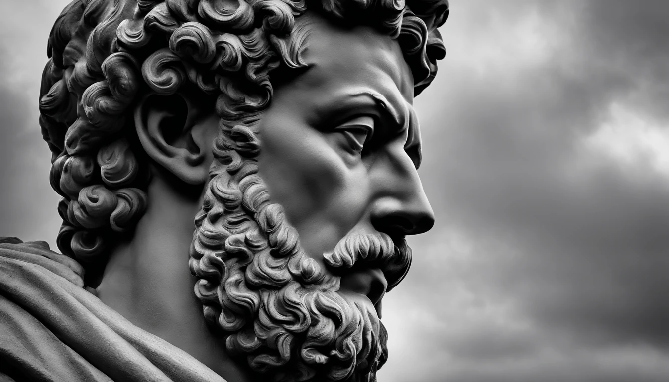 a portrait statue of the stoic Marcus Aurelius in black and white 4K,Face de lado, papel de parede super realista,homem forte,musculoso