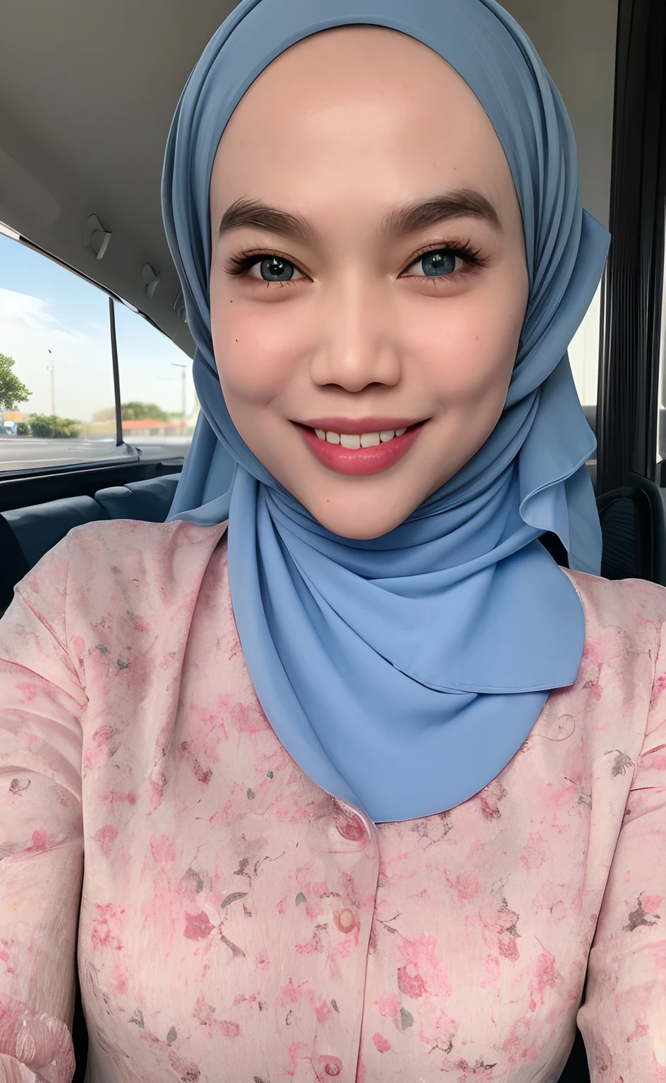 Masterpiece:1.2, high quality, best quality, high resolution, detailed, hyper realistic, 1 malay girl in hijab, blue eyes, head tilt, sunset, birds flying, cherry blossom, Portrait, closed eyes, smile, showing teeth, (detailed face), ((sharp focus)), ((face)), upper_body