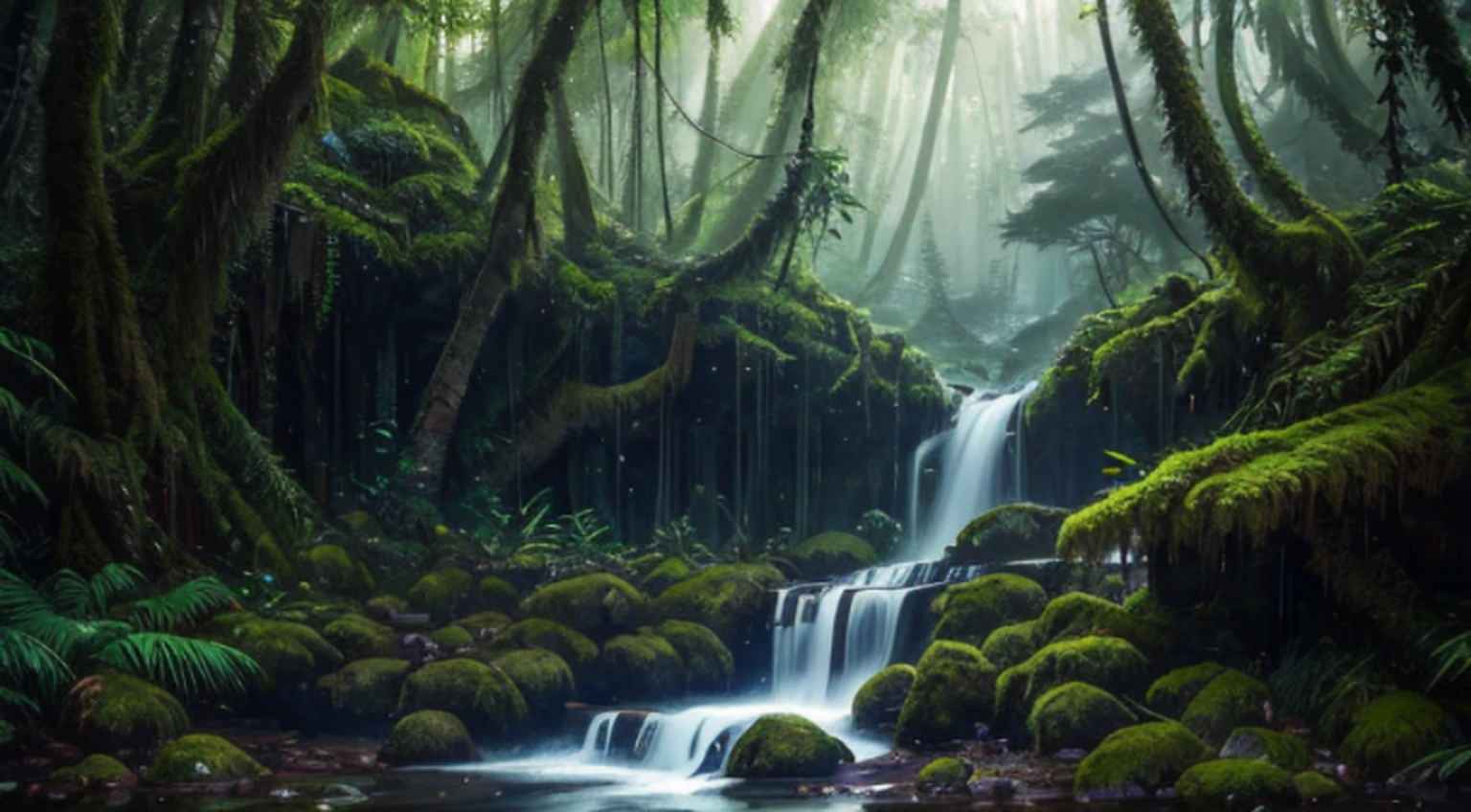 painting of a waterfall in a forest with moss and rocks, environmental concept art, highly realistic concept art, stunning concept art, environment concept art, stunning! concept art, beautiful concept art, mysterious jungle painting, realistic fantasy painting, fantasy landscape painting, fantasy digital painting, fantasy artrealistic painting, highly detailed fantasy art, high resolution concept art, fantasy art landscape