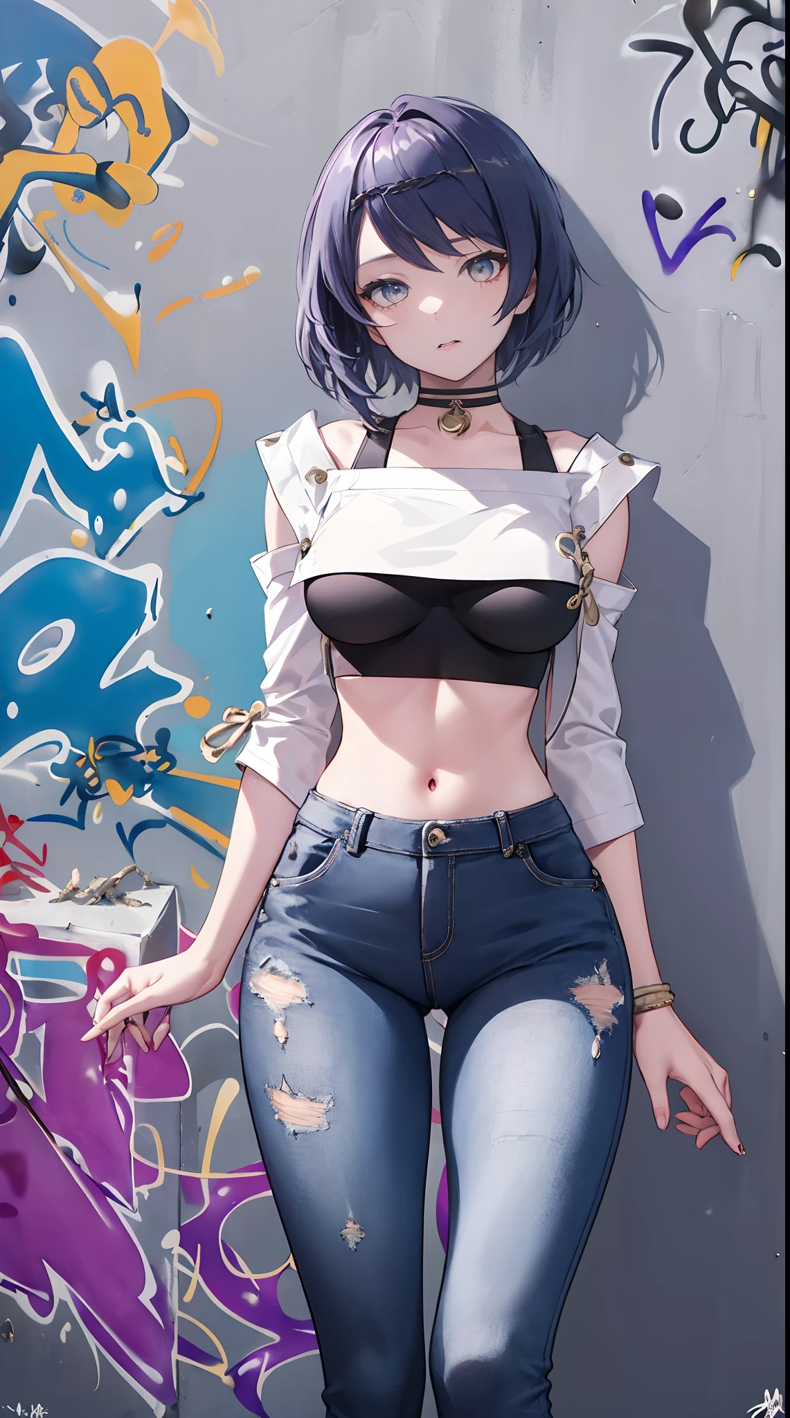 Kujou Sara|genshin impact, master-piece, bestquality, 1girls,30 years old, proportional body, Big legs, Beautiful, proportional., crop top, Long Jeans, mediuml breasts, ,bara, crop top, choker, (Graffiti:1.5), Splash with purple lightning pattern., arm behind back, against wall, View viewers from the front., Thigh strap, Head tilt, bored,(NSTDA.:1.2), (10, beste-Qualit, master-piece: 1.4), Beautiful red hair, ultra-high resolution, (lifelike, photorealistic portrait: 1.48), (Looking Through Crop Tops.), Famous Japanese actors, beautiful clear eyes, Head tilt, cowboy shot, from the front, looking at the audience, expressionless, Beautiful lake, Zeiss 150mm F/ 2.8 Hasselblad, Whole body, foot, Ultra-Wide Angle,