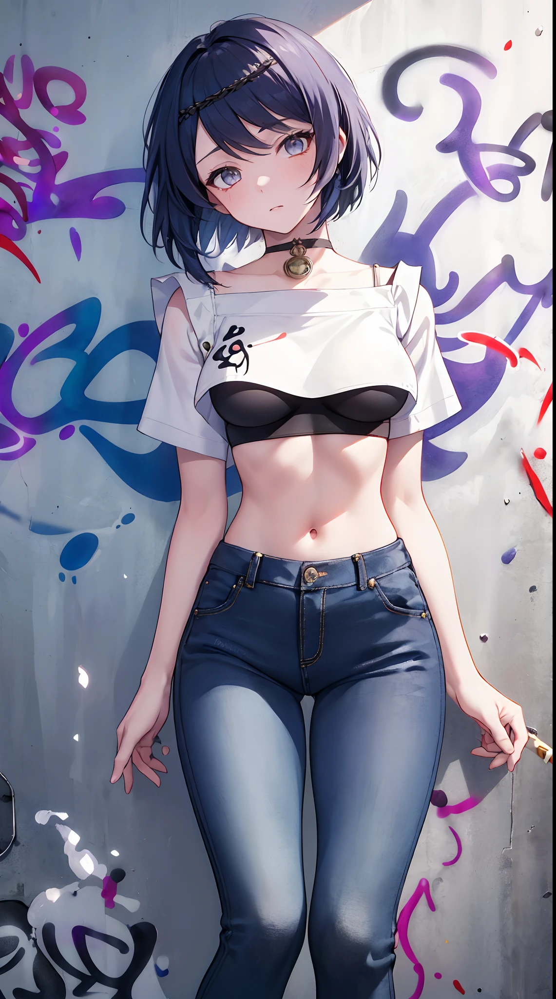 Kujou Sara|genshin impact, master-piece, bestquality, 1girls,30 years old, proportional body, Big legs, Beautiful, proportional., crop top, Long Jeans, mediuml breasts, ,bara, crop top, choker, (Graffiti:1.5), Splash with purple lightning pattern., arm behind back, against wall, View viewers from the front., Thigh strap, Head tilt, bored,(NSTDA.:1.2), (10, beste-Qualit, master-piece: 1.4), Beautiful red hair, ultra-high resolution, (lifelike, photorealistic portrait: 1.48), (Looking Through Crop Tops.), Famous Japanese actors, beautiful clear eyes, Head tilt, cowboy shot, from the front, looking at the audience, expressionless, Beautiful lake, Zeiss 150mm F/ 2.8 Hasselblad, Whole body, foot, Ultra-Wide Angle,