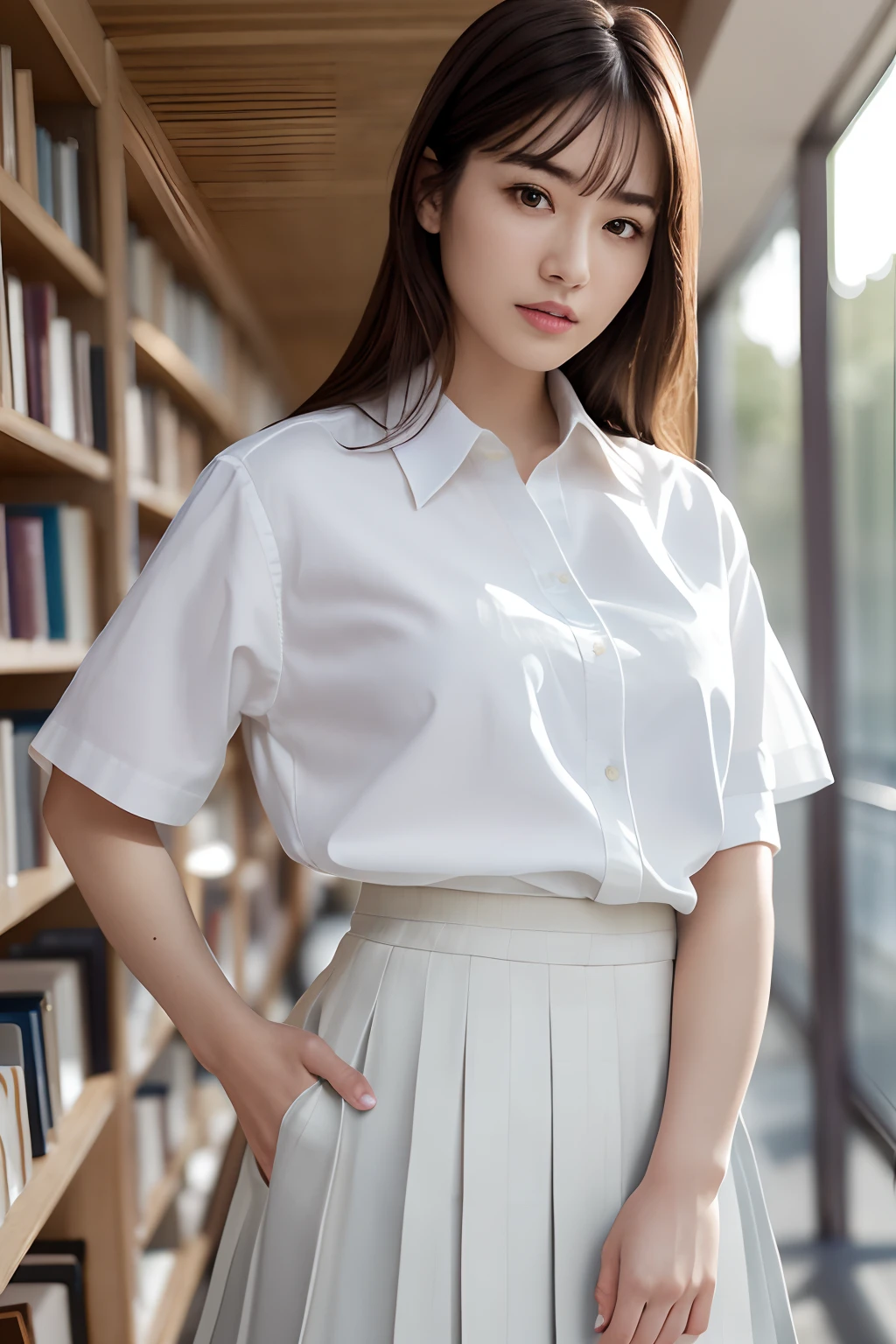 masterpiece, top-quality, 超A high resolution, (Photorealsitic:1.4), beautiful lighting, Raw photography, Super Detailed Face, Realistic lightning, beautiful a girl, Sweet girl, ((Wearing a white shirt and a long pleated skirt)), atlibrary, longshot, full of shyness, Hide your face behind a book, Indoors