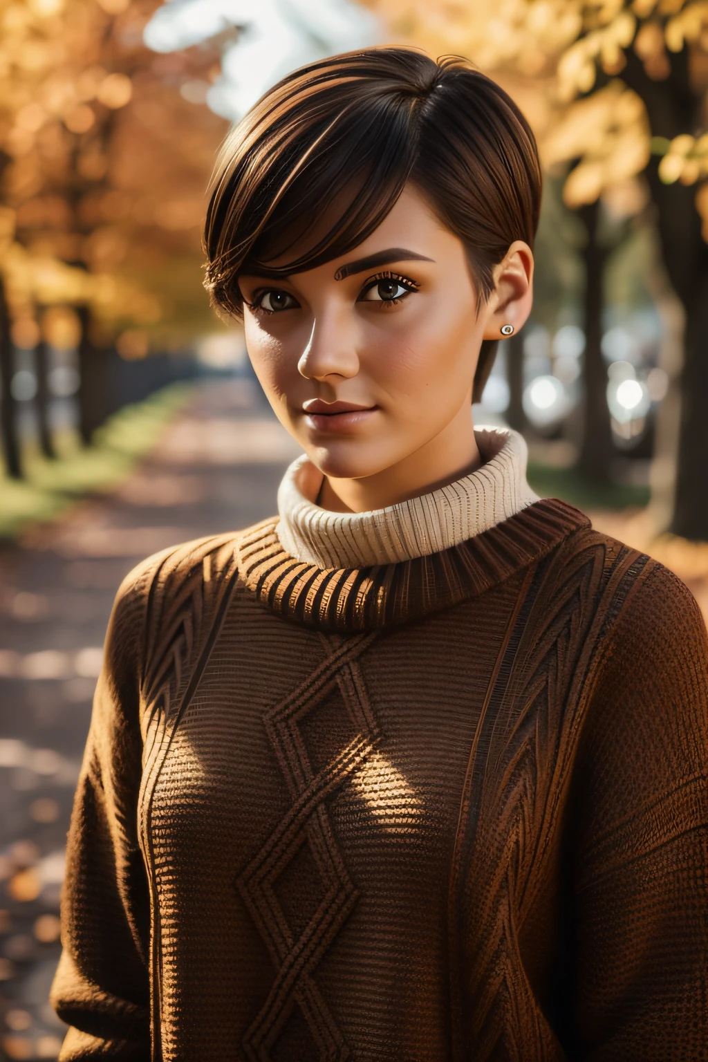 photography of a stunning girl, wearing a autumn jumper, short hair, looks into the camera, symmetrical eyes, symmetrical face, photorealistic, photography, path tracing, specular lighting, volumetric face light, path traced hair, visible shadows, intricate, elaborate