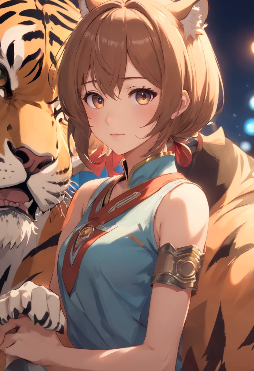 A warrior general resembling a tiger's head，Ancient Chinese armor，Majesty，sit on chair，Whole body as，Close-up，，in dark style，depth of fields，high beams，Real light，Stripe tracking，OC Render，Hyper-realistic，best qualityer，8K，Works of masters，super-fine，Detailed pubic hair，Correct anatomy，sharp focus on eyes，Bokeh，Carefully describe facial features