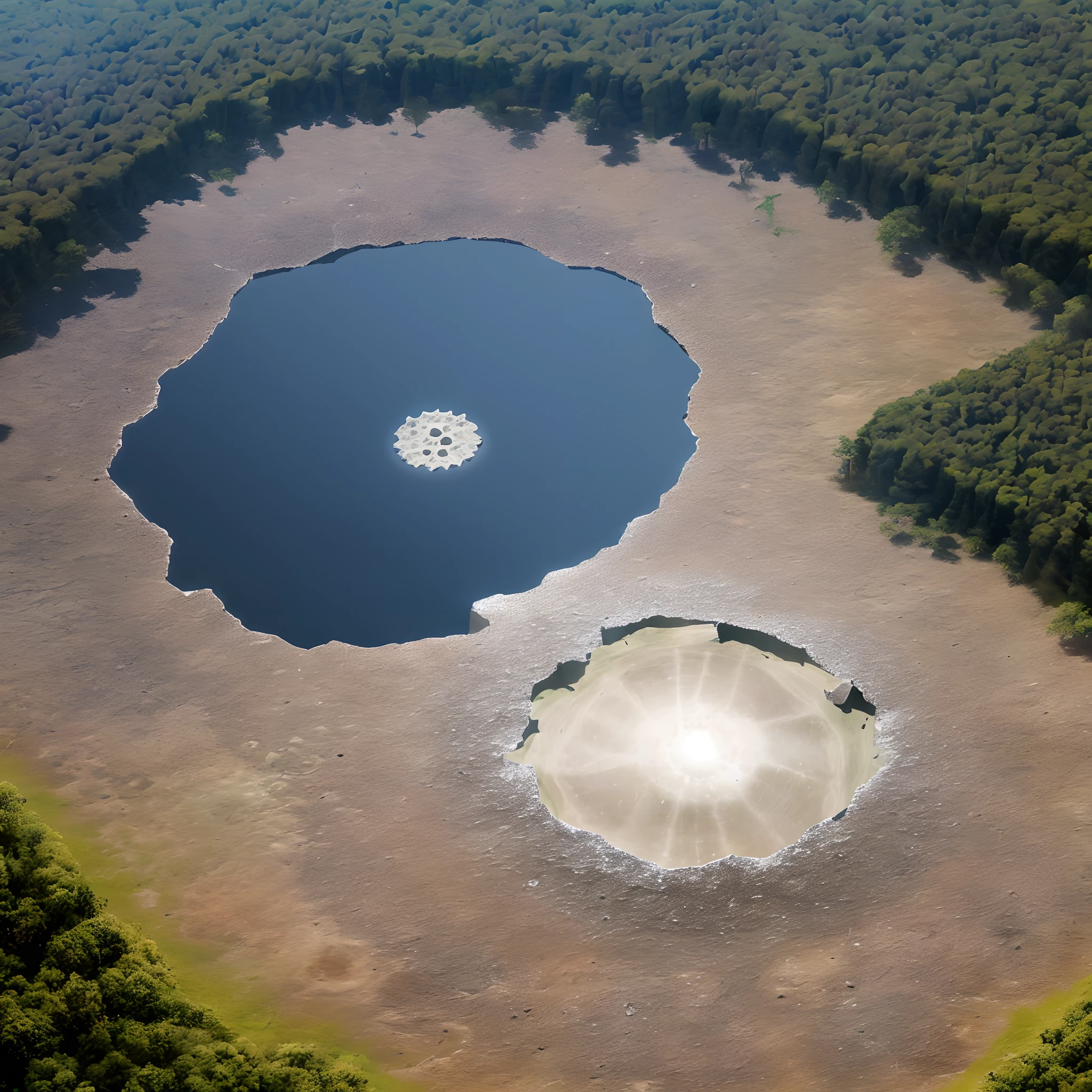 A huge crater surrounded by trees. The inside of the crater was barren and struck with cracks and a shape of something like door casing can be seen at the center of the crater where all cracks lead to