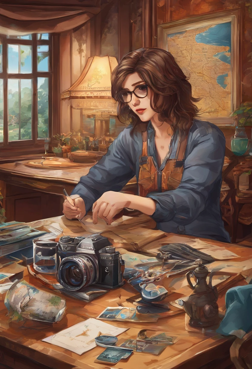There is a camera on the table，big breasts and big breasts（（（Model aircraft））），VR glasses on the table，Room design drawings，There's a lot of paint on it, Detailed painting 4 K, Realistic digital painting, overdetailed art. Digital SLR, high quality digital painting, Realistic camera shooting, photorealism style, in style of photorealism artist, Detailed digital painting, hyperrealism concept art, professional digital painting, photographyrealism, super realistic painting style，There is also an airplane on the table，Measurement tools，On the stool sat a boy wearing VR glasses，Bright colors，Be positive