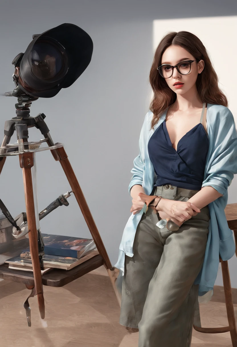 There is a camera on the table，big breasts and big breasts（（（Model aircraft））），VR glasses on the table，Room design drawings，There's a lot of paint on it, Detailed painting 4 K, Realistic digital painting, overdetailed art. Digital SLR, high quality digital painting, Realistic camera shooting, photorealism style, in style of photorealism artist, Detailed digital painting, hyperrealism concept art, professional digital painting, photographyrealism, super realistic painting style，There is also an airplane on the table，Measurement tools，On the stool sat a boy wearing VR glasses，Bright colors，Be positive