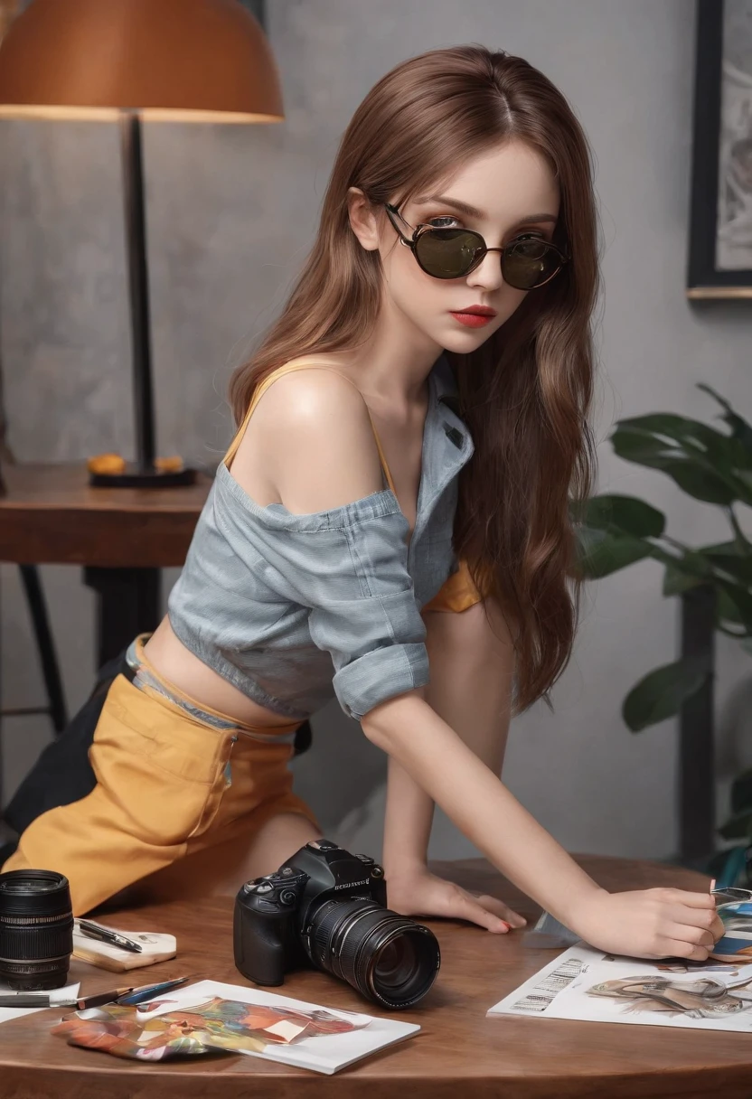 There is a camera on the table，big breasts and big breasts（（（Model aircraft））），VR glasses on the table，Room design drawings，There's a lot of paint on it, Detailed painting 4 K, Realistic digital painting, overdetailed art. Digital SLR, high quality digital painting, Realistic camera shooting, photorealism style, in style of photorealism artist, Detailed digital painting, hyperrealism concept art, professional digital painting, photographyrealism, super realistic painting style，There is also an airplane on the table，Measurement tools，On the stool sat a boy wearing VR glasses，Bright colors，Be positive