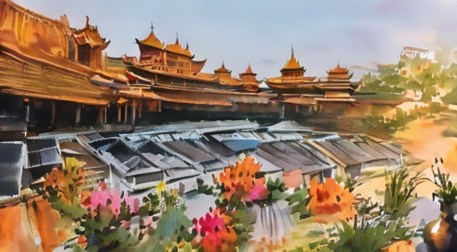 uma discodifland com nuvens e flores rodopiantes, (sky rose fantasy castle), (rosas vermelhas), (ludicrous), dreamy, disney, pintado por Thomas Kincaid, artstation, foco nítido, papel de parede 8k inspirador