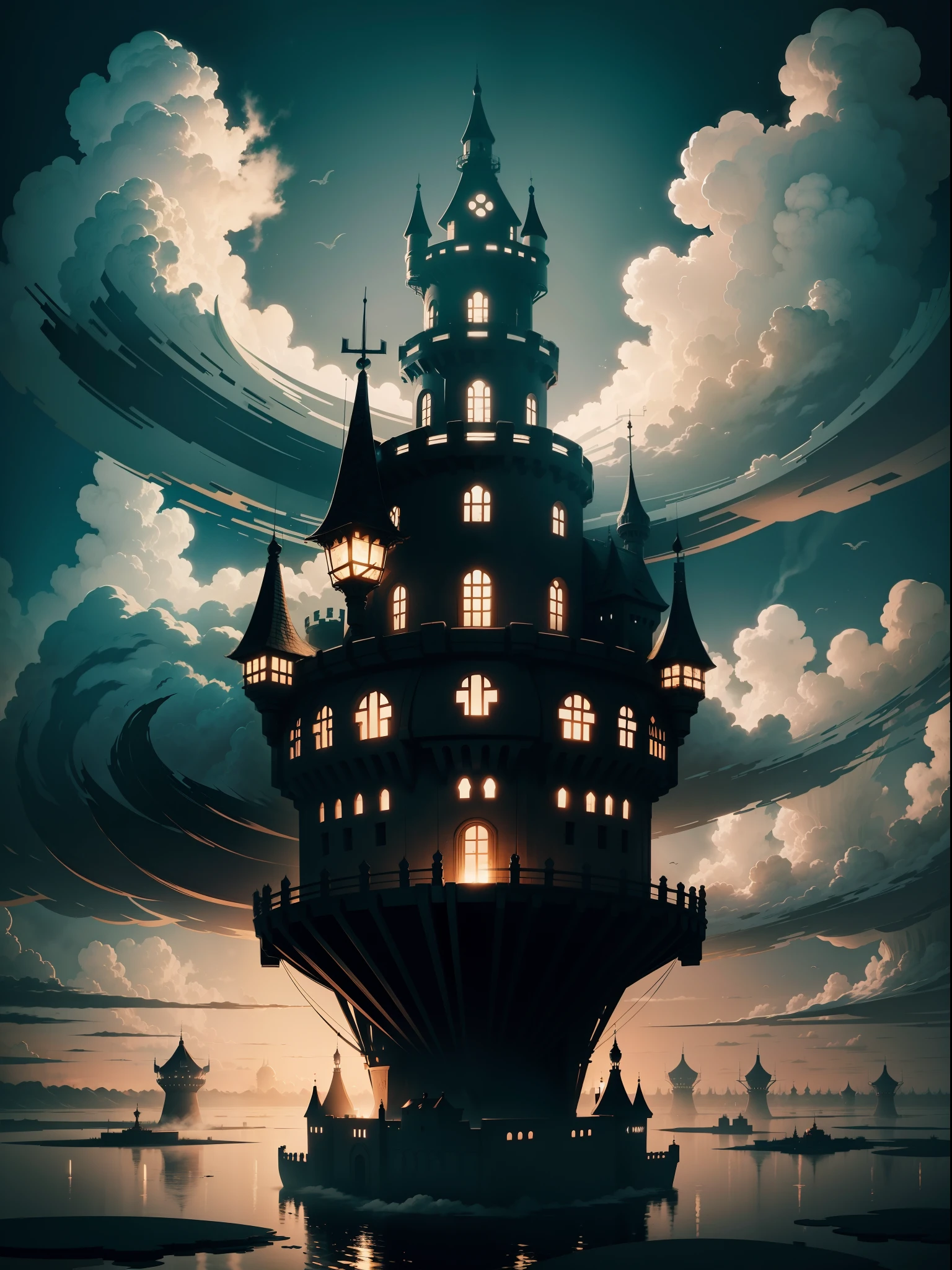 Drawings of windmills on floating haunted castle, floating castle on clouds, Floating haunted castle in the sky, inspired by Winsor McCay, Flying castle in the Sky, an immense floating castle, haunted palace floating in the sky, A floating haunted castle in the sky, castle in the sky style, surrounded by the dragon, floating and flying castle, Cloud haunted Palace, night haunted lights