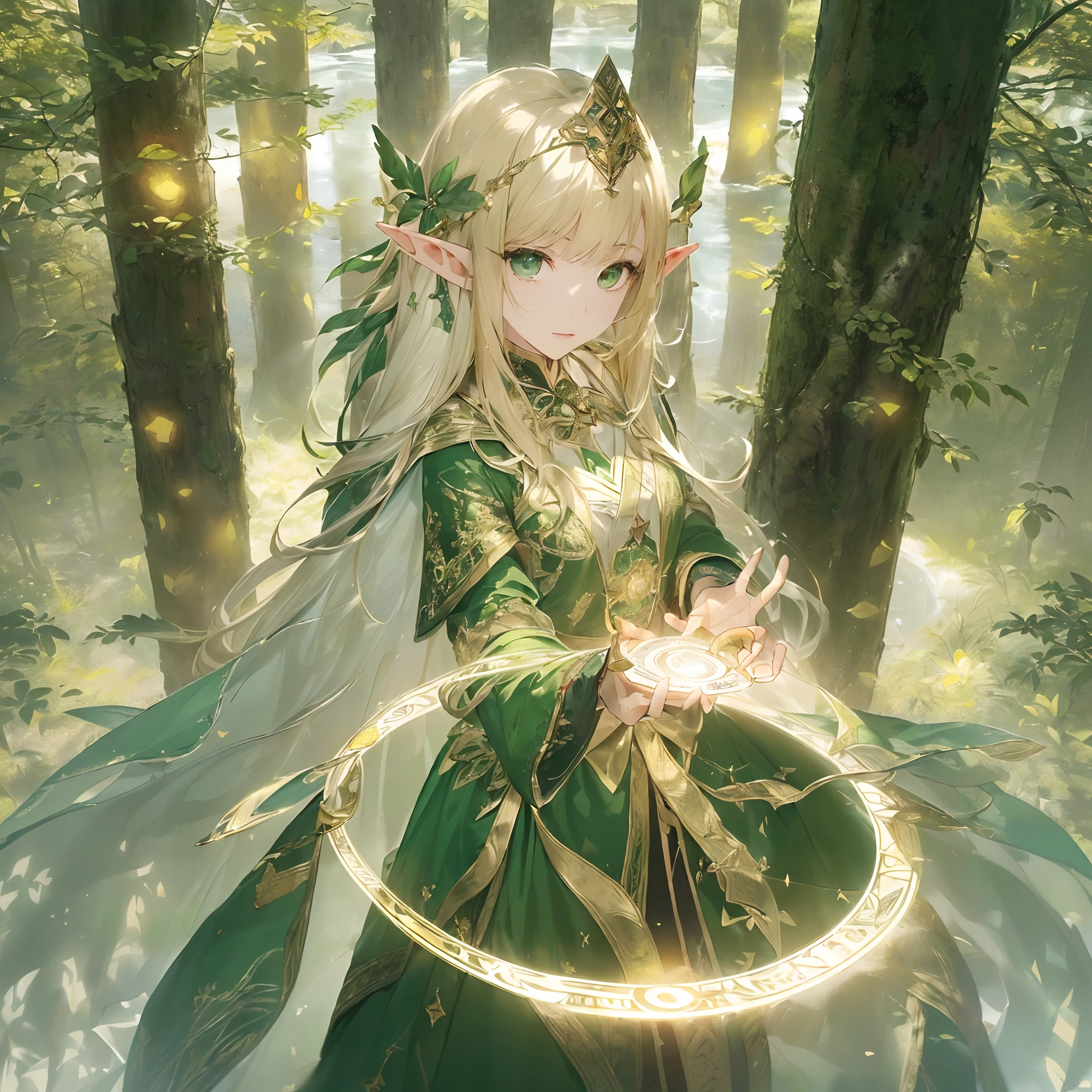 (((Masterpiece、top-quality、high-detail、High and fine)))、(((Fantasia)))、upper body 、1人、((((from above))))、(((zoom in on eyes)))、((((Elf Women))))、(Blonde blonde long straight hair)、(((Fine dark green eyes)))、((Green surcoat with golden embroidery))、((Green long cloak with golden embroidery))、huge tit、spreading arms widely、((Cast spells))、(A lot of glowing grains are flying)、(((A stream of light gathers in the hand)))、(((A magic circle of light with dense and multi-layered magic patterns and letters with light on the ground)))、ln the forest、A magic circle of light centered on an elven woman