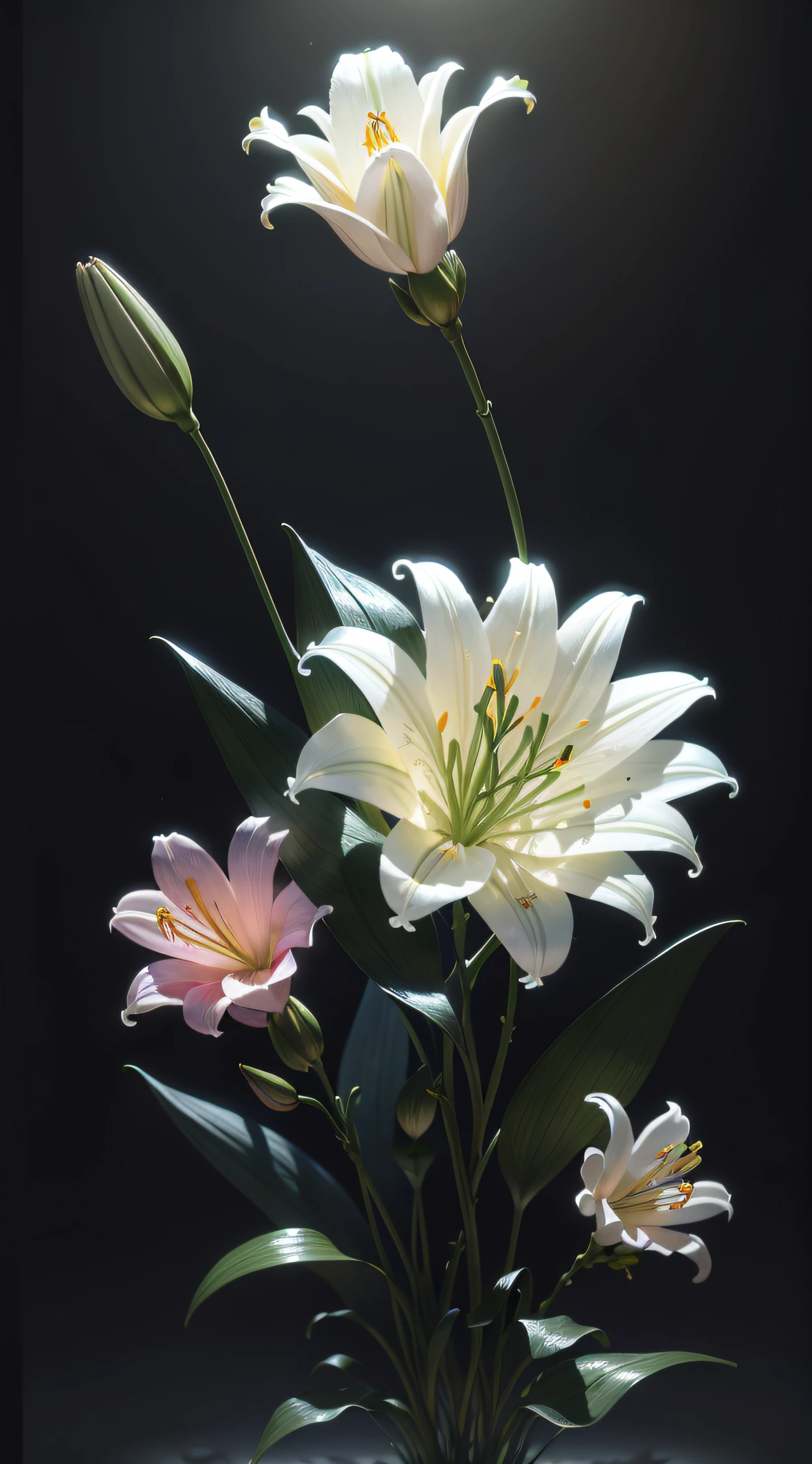 ((the lilies)), Super transparent, Holy light, Beautiful spectral light, The petals glow, twinkle, Dark background, Transparent light droplets, reflective light, Bright, Light flows in, optics, Sharp focus, magical, twists, ultra-realistic realism, Fantasy composition, Light, Trending in art stations, pearls, Patron cloud of silver vapor, Corrosive envelope ray family, 8K, ureal ar 23v4 uplight