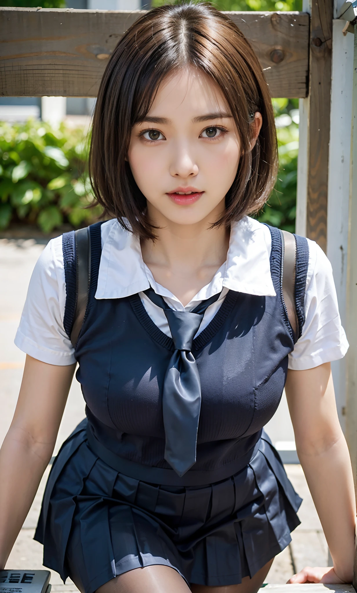 8K, Best Quality, real picture, Intricate details, Ultra-detailed, 超A high resolution, Depth Field,(Photorealistic,Realistic:1.2),masutepiece, 0.25 :: close-up , straight-on shot , from miiddle ,
1girl in, AI_chan, an extremely beautiful , Innocent big eyes, (brown_Short_hair), (Green_Eyes:1.0),(Bangs),disheveled hair,(hair clips), perfect glossy skin, flawless skin, Fair skin, Huge breasts, cleavage, Narrow waist, Light blush, Solo, Looking at Viewer, lightsmile,
chubby under the clothes, Sweat,
Wearing ((School_uniform), (white_Skirt),(Blue_long_tie), (Blue_pleats_Skirt), (Black_pantyhose) :1.2),
(Gravure Pose :1.1),
Sunset ,
High School in Japan ,