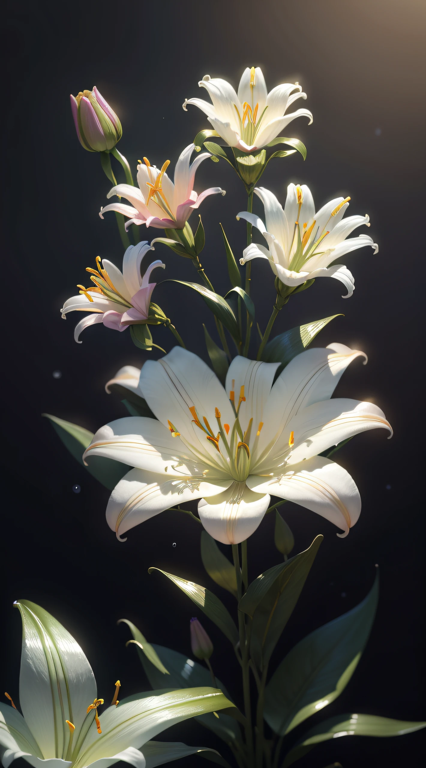 ((the lilies)), Super transparent, Holy light, Beautiful spectral light, The petals glow, twinkle, Dark background, Transparent light droplets, reflective light, Bright, Light flows in, optics, Sharp focus, magical, twists, ultra-realistic realism, Fantasy composition, Light, Trending in art stations, pearls, Patron cloud of silver vapor, Corrosive envelope ray family, 8K, ureal ar 23v4 uplight
