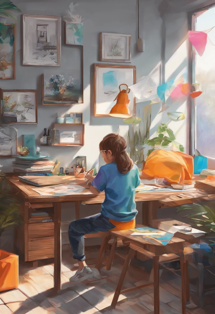 There is a camera on the table，big breasts and big breasts（（（Model aircraft））），VR glasses on the table，Room design drawings，There's a lot of paint on it, Detailed painting 4 K, Realistic digital painting, overdetailed art. Digital SLR, high quality digital painting, Realistic camera shooting, photorealism style, in style of photorealism artist, Detailed digital painting, hyperrealism concept art, professional digital painting, photographyrealism, super realistic painting style，There is also an airplane on the table，Measurement tools，On the stool sat a boy wearing VR glasses，Bright colors，Be positive