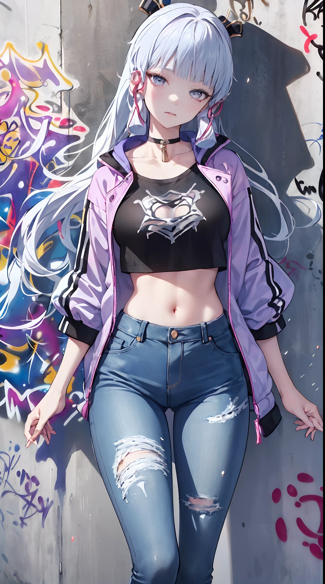 kamisato ayaka|genshin impact, master-piece, bestquality, 1girls,30 years old, proportional body, Big legs, Beautiful, proportional., crop top, Long Jeans, mediuml breasts, ,bara, crop top, choker, (Graffiti:1.5), Splash with purple lightning pattern., arm behind back, against wall, View viewers from the front., Thigh strap, Head tilt, bored,(NSTDA.:1.2), (10, beste-Qualit, master-piece: 1.4), Beautiful red hair, ultra-high resolution, (lifelike, photorealistic portrait: 1.48), (Looking Through Crop Tops.), Famous Japanese actors, beautiful clear eyes, Head tilt, cowboy shot, from the front, looking at the audience, expressionless, Beautiful lake, Zeiss 150mm F/ 2.8 Hasselblad,  Whole body, foot, Ultra-Wide Angle,