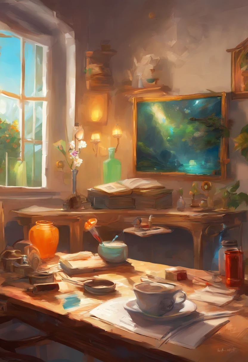 There is a camera on the table,big breasts and big breasts(((Model aircraft))),VR glasses on the table,Room design drawings,There's a lot of paint on it, Detailed painting 4 K, Realistic digital painting, overdetailed art. Digital SLR, high quality digital painting, Realistic camera shooting, photorealism style, in style of photorealism artist, Detailed digital painting, hyperrealism concept art, professional digital painting, photographyrealism, super realistic painting style,There is also an airplane on the table,Measurement tools,On the stool sat a boy wearing VR glasses,Bright colors,Be positive