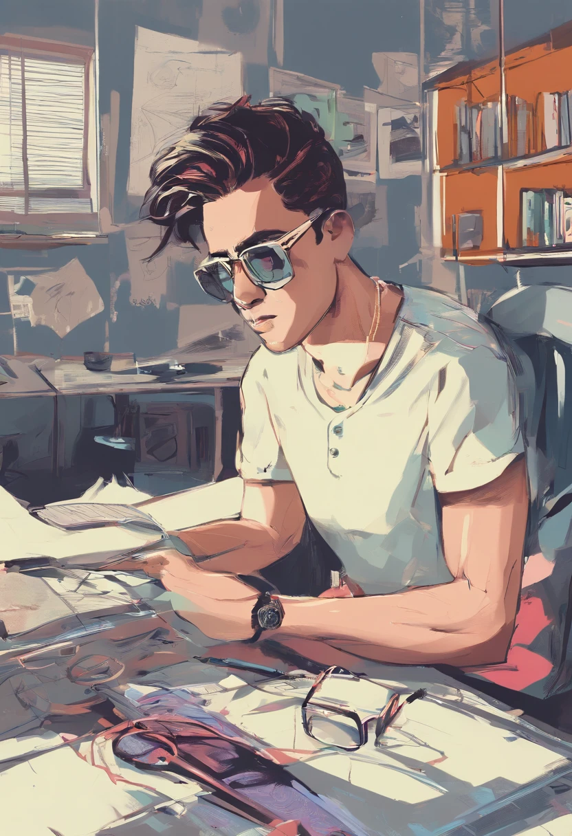 There is a camera on the table,big breasts and big breasts(((Model aircraft))),VR glasses on the table,Room design drawings,There's a lot of paint on it, Detailed painting 4 K, Realistic digital painting, overdetailed art. Digital SLR, high quality digital painting, Realistic camera shooting, photorealism style, in style of photorealism artist, Detailed digital painting, hyperrealism concept art, professional digital painting, photographyrealism, super realistic painting style,There is also an airplane on the table,Measurement tools,On the stool sat a boy wearing VR glasses,Bright colors,Be positive
