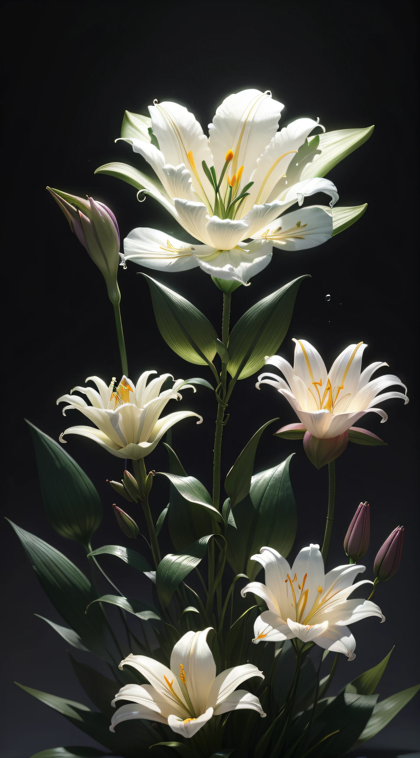 ((the lilies)), Super transparent, Holy light, Beautiful spectral light, The petals glow, twinkle, Dark background, Transparent light droplets, reflective light, Bright, Light flows in, optics, Sharp focus, magical, twists, ultra-realistic realism, Fantasy composition, Light, Trending in art stations, pearls, Patron cloud of silver vapor, Corrosive envelope ray family, 8K, ureal ar 23v4 uplight
