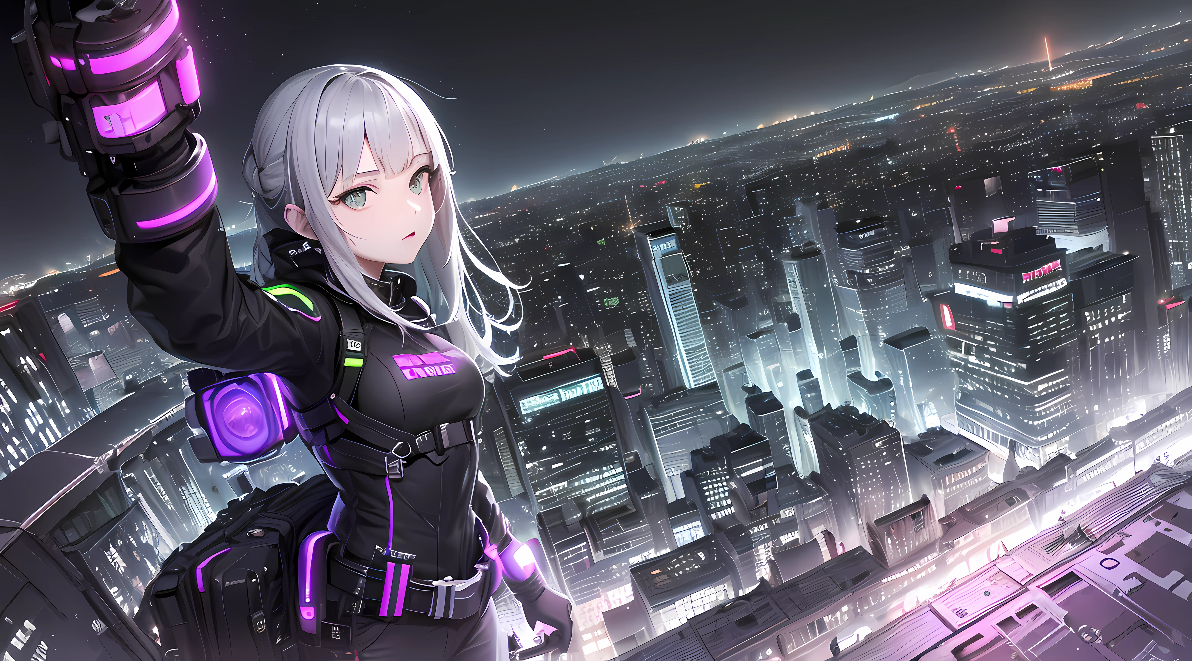 (((masterpiece))), (((best quality))), ((ultra-detailed)), (highly detailed CG illustration), ((an extremely delicate and beautiful)),A cyberpunk girl on a sky-flying motorbike, flying through the air., (long shot), Unreal engine, In space, looking at cyberpunk city, neon colors, cyberpunk space ships, ((grey hair)), (green eyes), dark night time, center composition, symmetrical composition, ((dark night:1.5)), dark neon, ((dark night:1.7)), extremely detailed, ((long shot)),((pitch black all around:1.7)), (dark puple:1.7),neon purple city