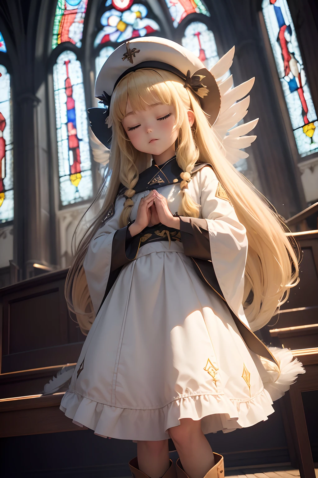 (1girl in),( absurdly , High quality , ultra-detailliert ),(Summer in the morning),(masutepiece),(Stained Glass Church),(long-haired blonde twin-tails),(Long clergy robes),Cleric Hat,(Cute 3D anime petite girl rendering),Super Detailed Beautiful Girl,(Praying with her eyes closed to the statue of Mary),Laughing,watching at viewers,Wearing long boots,Has big angel wings,Halo,(Feather shower), Full body portrait, Perfect face and nice perfect face,,long skirt,(choir)