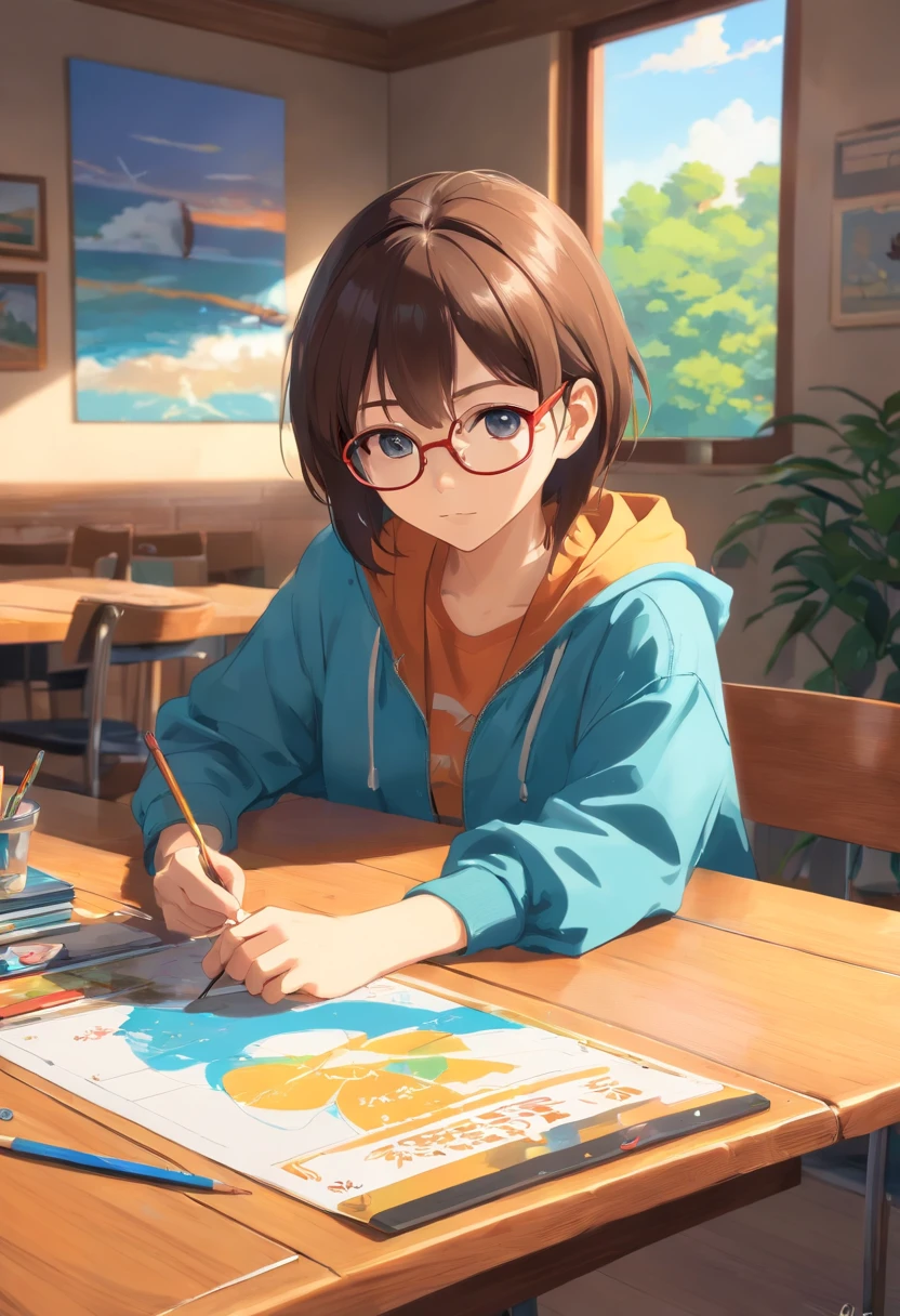 There is a camera on the table，big breasts and big breasts（（（Model aircraft））），VR glasses on the table，Room design drawings，There's a lot of paint on it, Detailed painting 4 K, Realistic digital painting, overdetailed art. Digital SLR, high quality digital painting, Realistic camera shooting, photorealism style, in style of photorealism artist, Detailed digital painting, hyperrealism concept art, professional digital painting, photographyrealism, super realistic painting style，There is also an airplane on the table，Measurement tools，On the stool sat a boy wearing VR glasses，Bright colors，Be positive