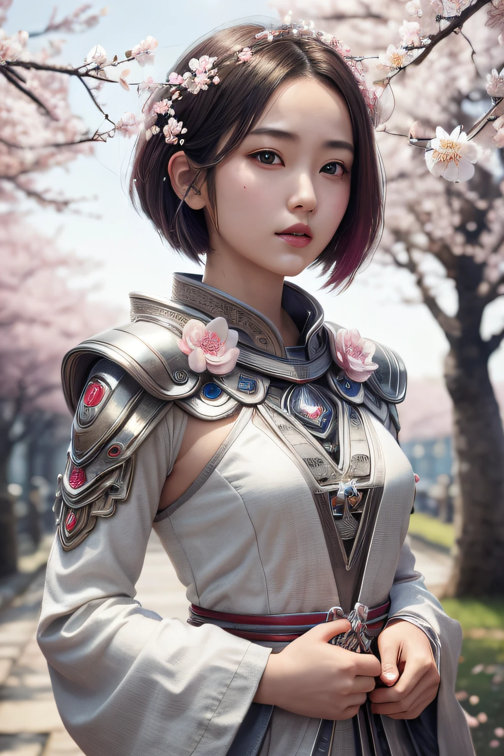 beautiful japanese young woman, wearing hazmat suit made of silver, thick symmetrical features, very short hair, background is cherry blossoms, pink aura, red lips, octane render,