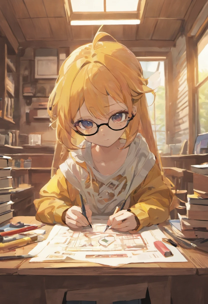 There is a camera on the table,big breasts and big breasts(((Model aircraft))),VR glasses on the table,Room design drawings,There's a lot of paint on it, Detailed painting 4 K, Realistic digital painting, overdetailed art. Digital SLR, high quality digital painting, Realistic camera shooting, photorealism style, in style of photorealism artist, Detailed digital painting, hyperrealism concept art, professional digital painting, photographyrealism, super realistic painting style,There is also an airplane on the table,Measurement tools,On the stool sat a boy wearing VR glasses,Bright colors,Be positive