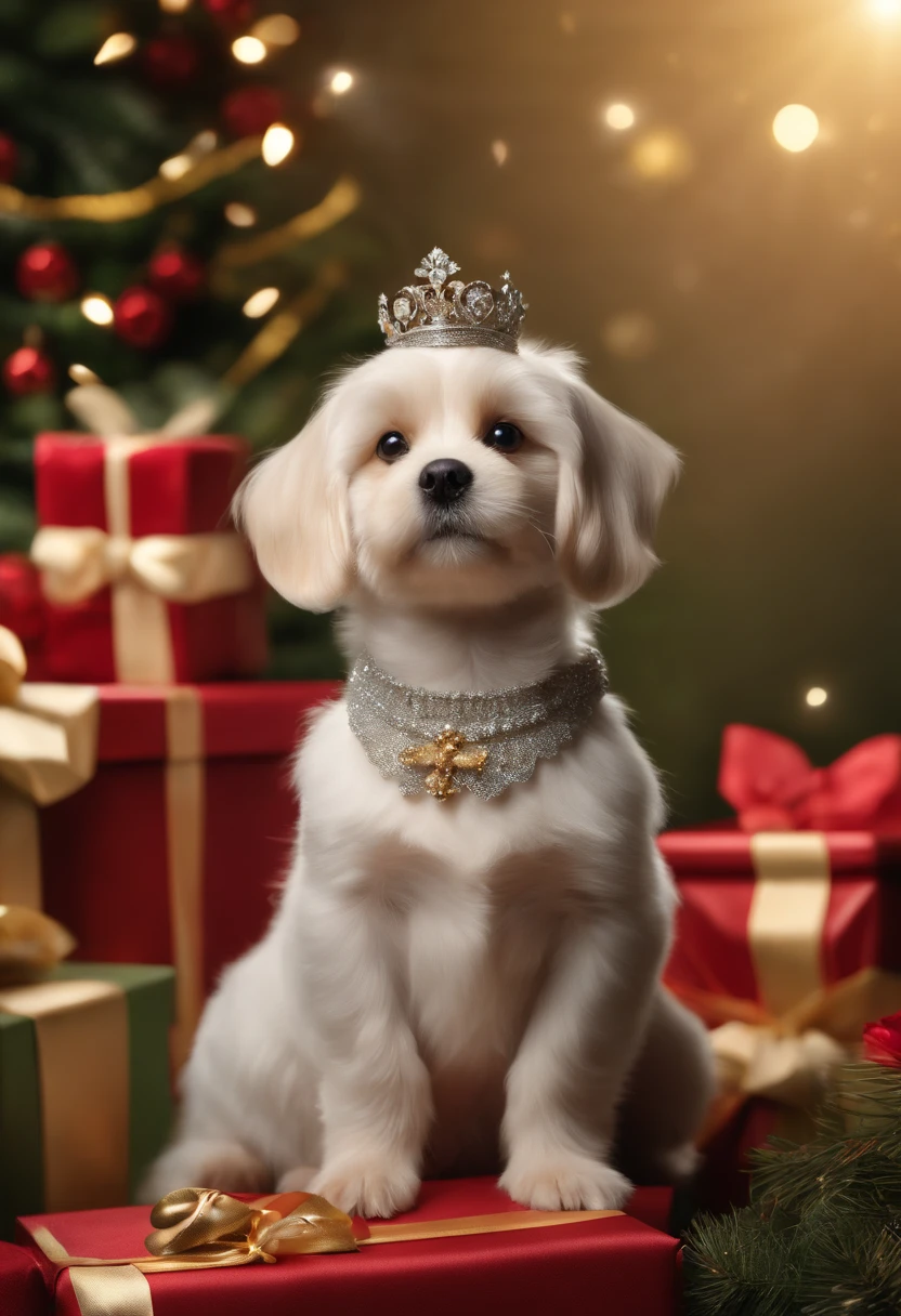 (best quality,4k,8k,highres,masterpiece:1.2),ultra-detailed,(realistic,photorealistic,photo-realistic:1.37),A cute small silver dog dressed as a king, receiving presents from other small cute dogs,silver crown on its head,sparkling detailed eyes,regal golden robe,present box with ribbons,small cute dogs handing presents,left paw raised as if to greet the gift givers,green grassy garden background,floral decorations around the scene,soft sunlight illuminating the joyful moment,petals floating in the air,festive atmosphere,portraits,colorful palette,pastel shades,soft lighting